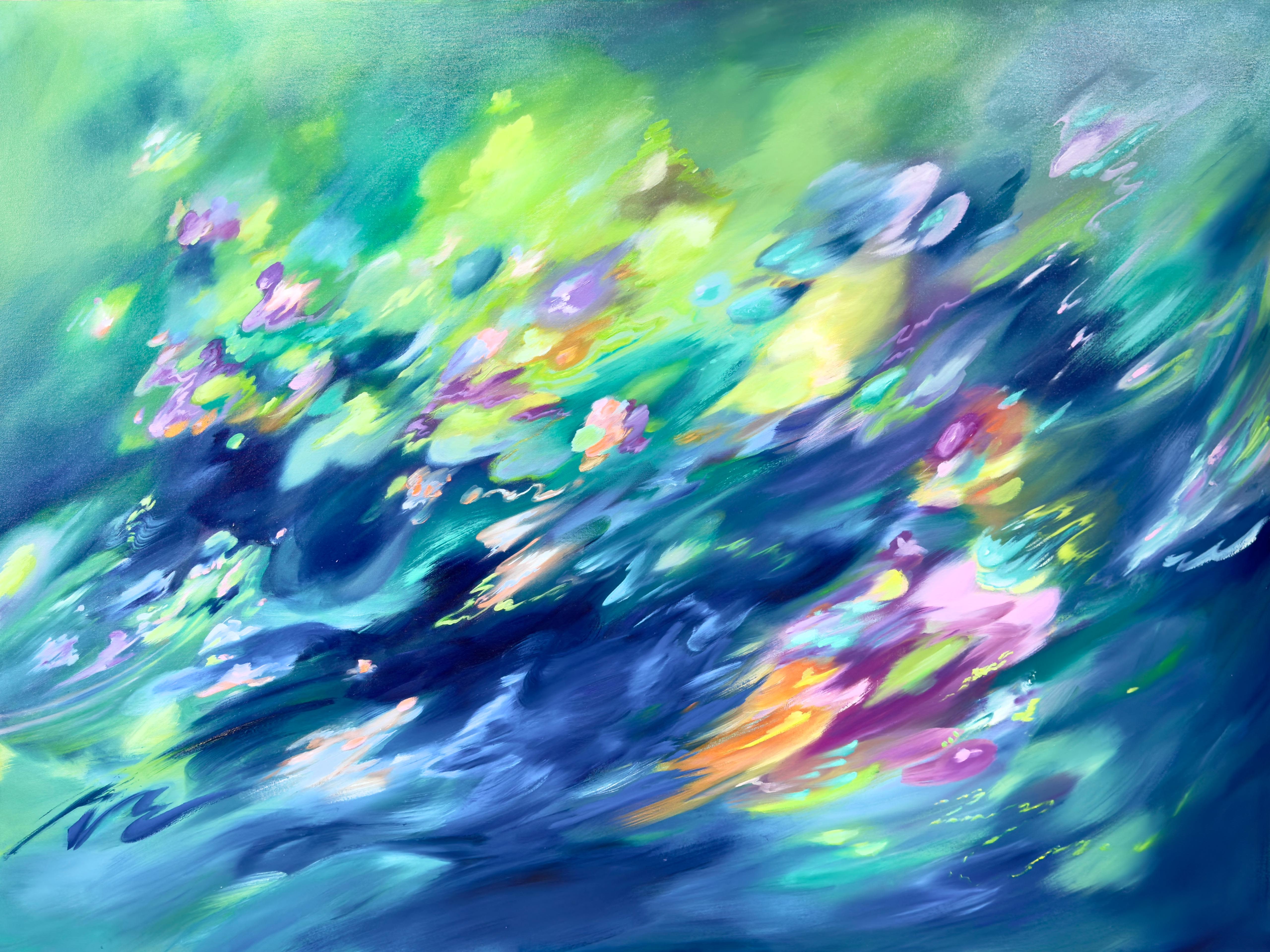 Bright oil painting with blues, greens and pinks 