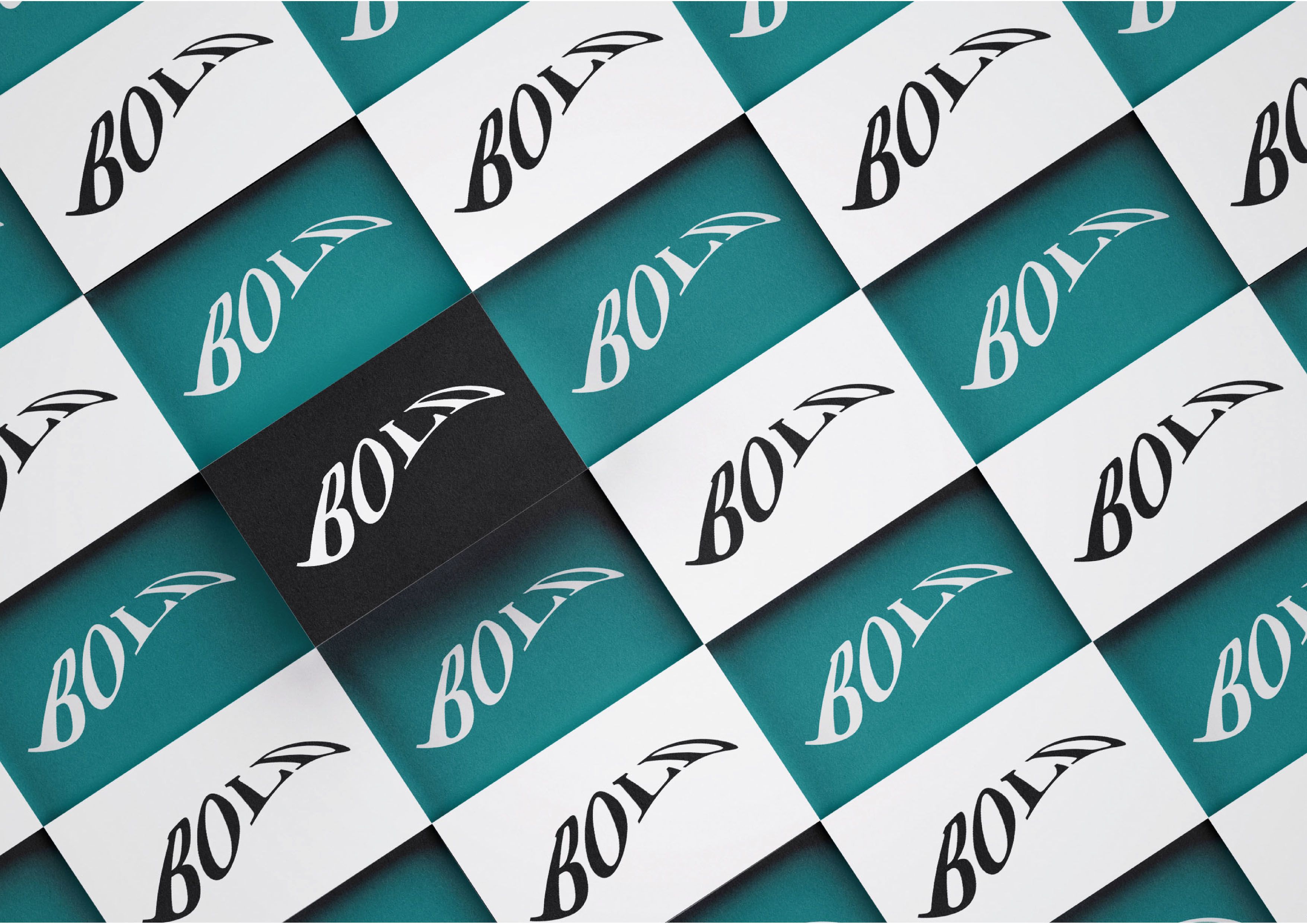 A mock up design by Miran Jurisevic showing what the business cards for 'Bold' would look like. The dominant colours are black, white, beige and turquoise