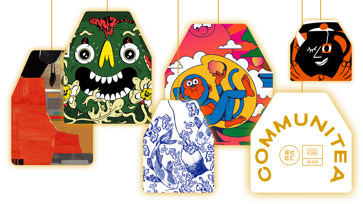 Five tea bags with different illustrations on them