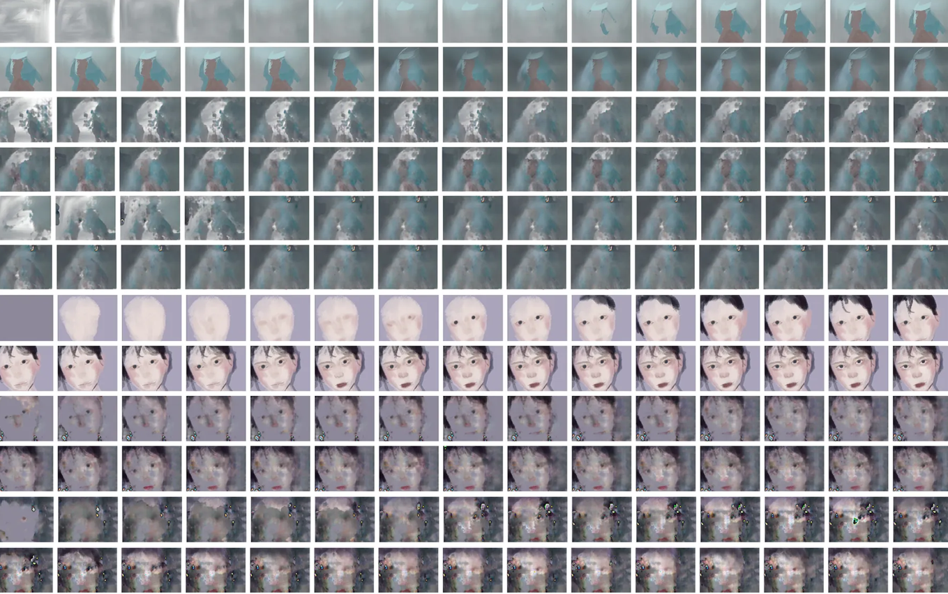 A series of digitally manipulated face portraits in a tiled format