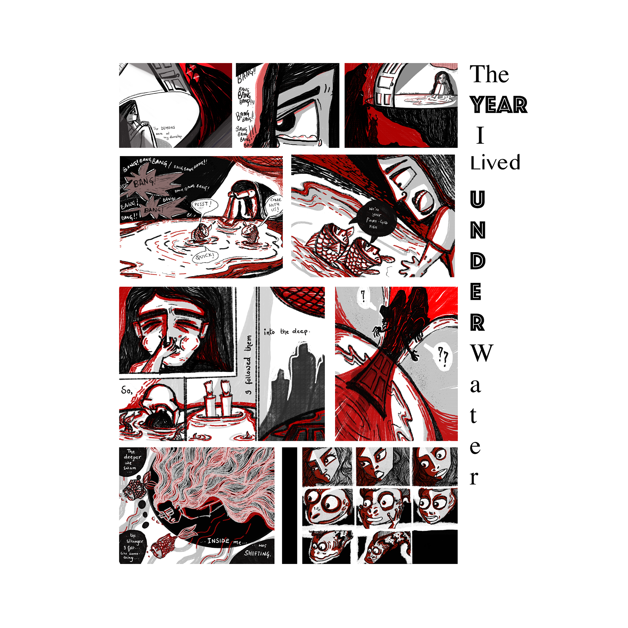  Storyboard of illustrations, red and black line drawings. 