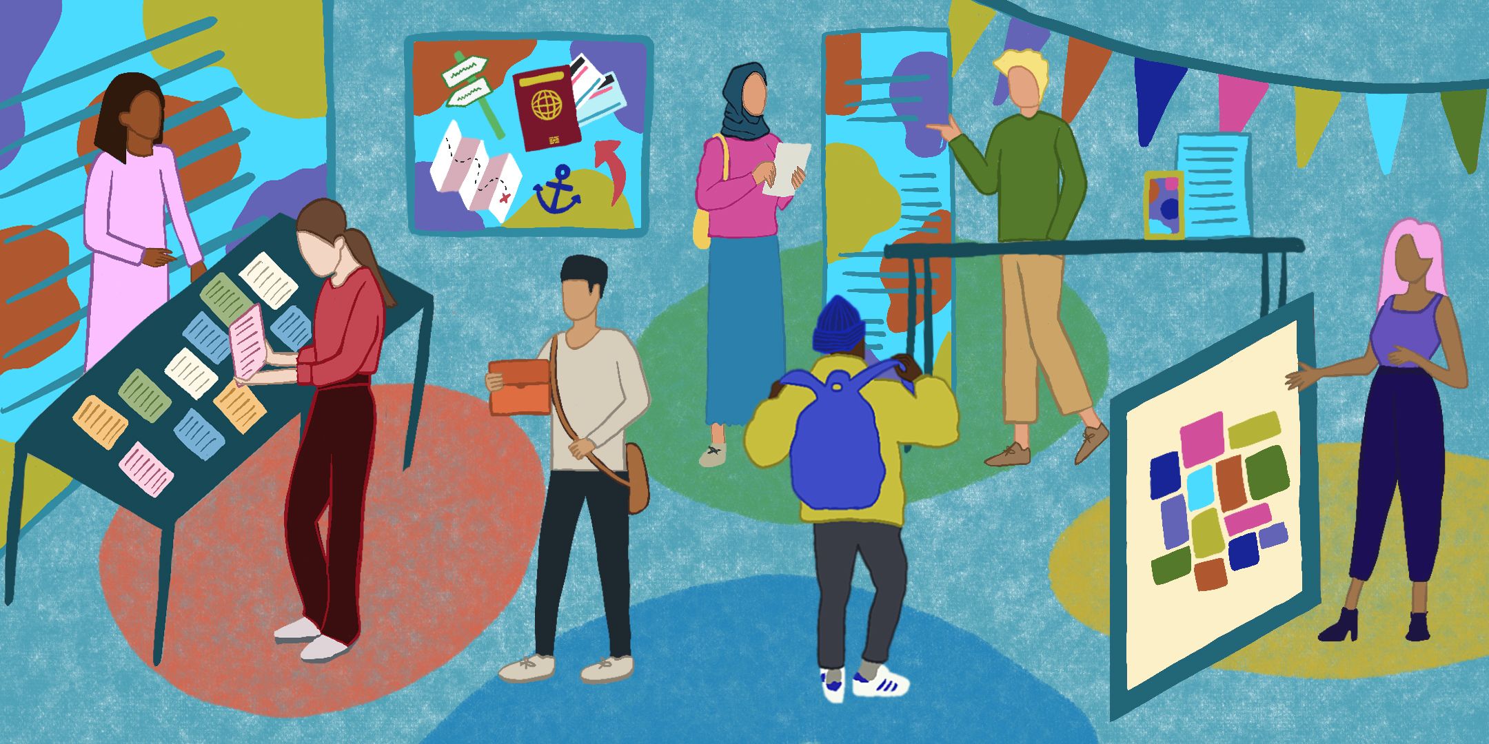 Illustration of students gathering at stalls talking to industry at a careers fair. Flyers, bunting and portfolios on display.