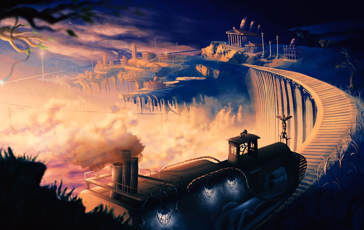 Concept art of a train travelling to Greco-Roman architecture
