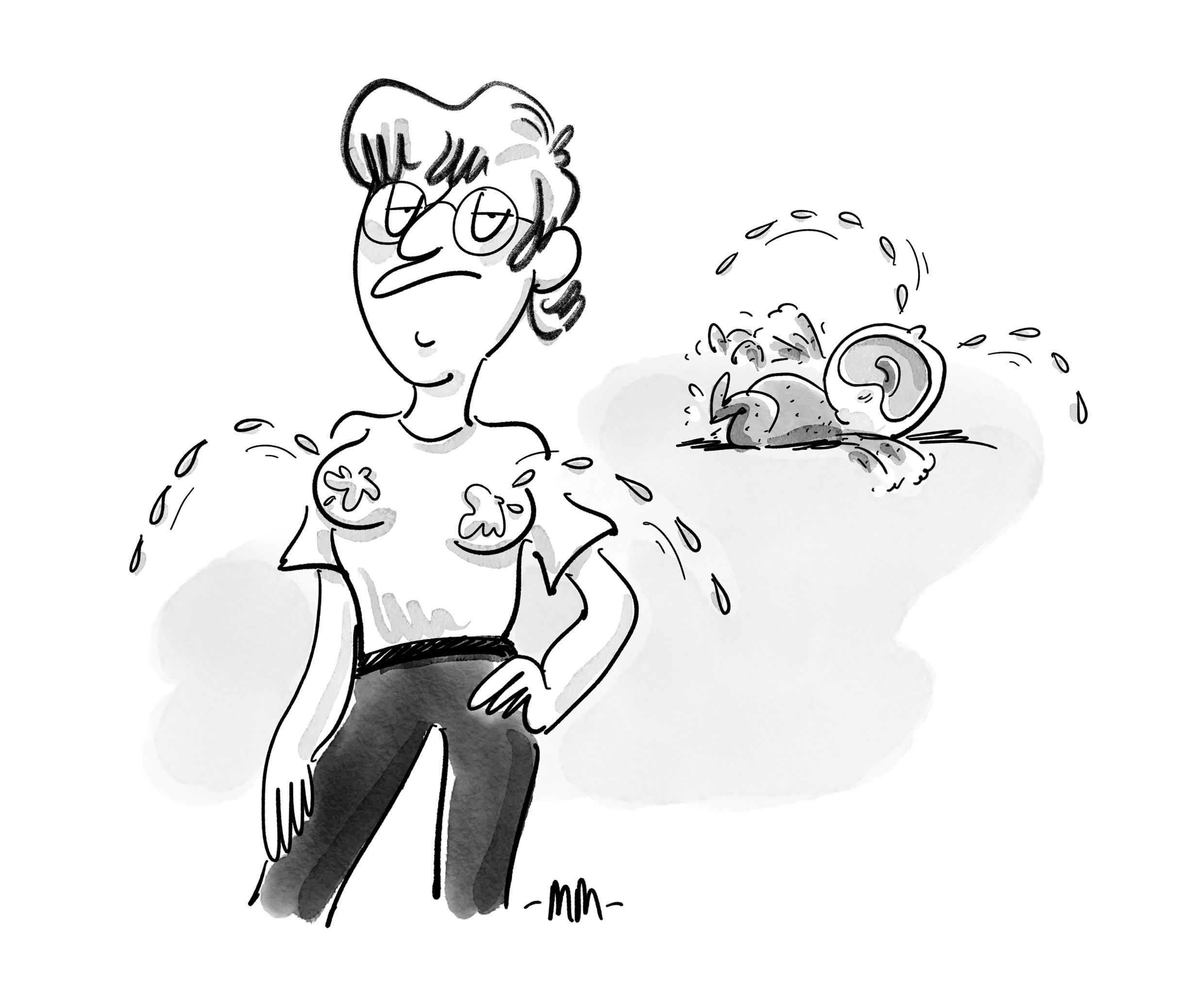 Illustration of a baby in the background crying, and a woman standing in the foreground, who's lactating through her top. She's got a hand on her hip and looks nonplussed.