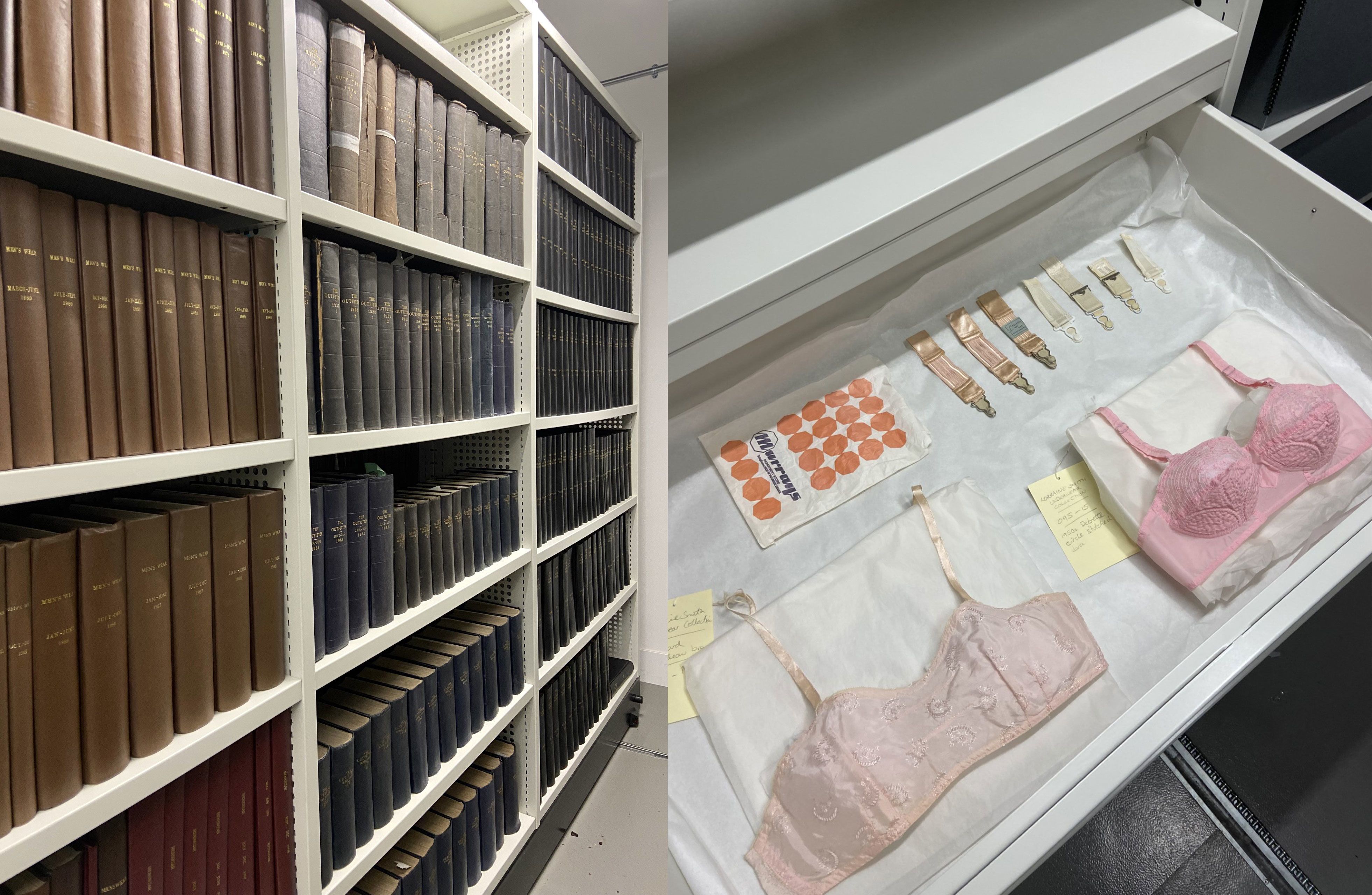 two images showing a shelf of journals and underwear packed in pull-out drawers
