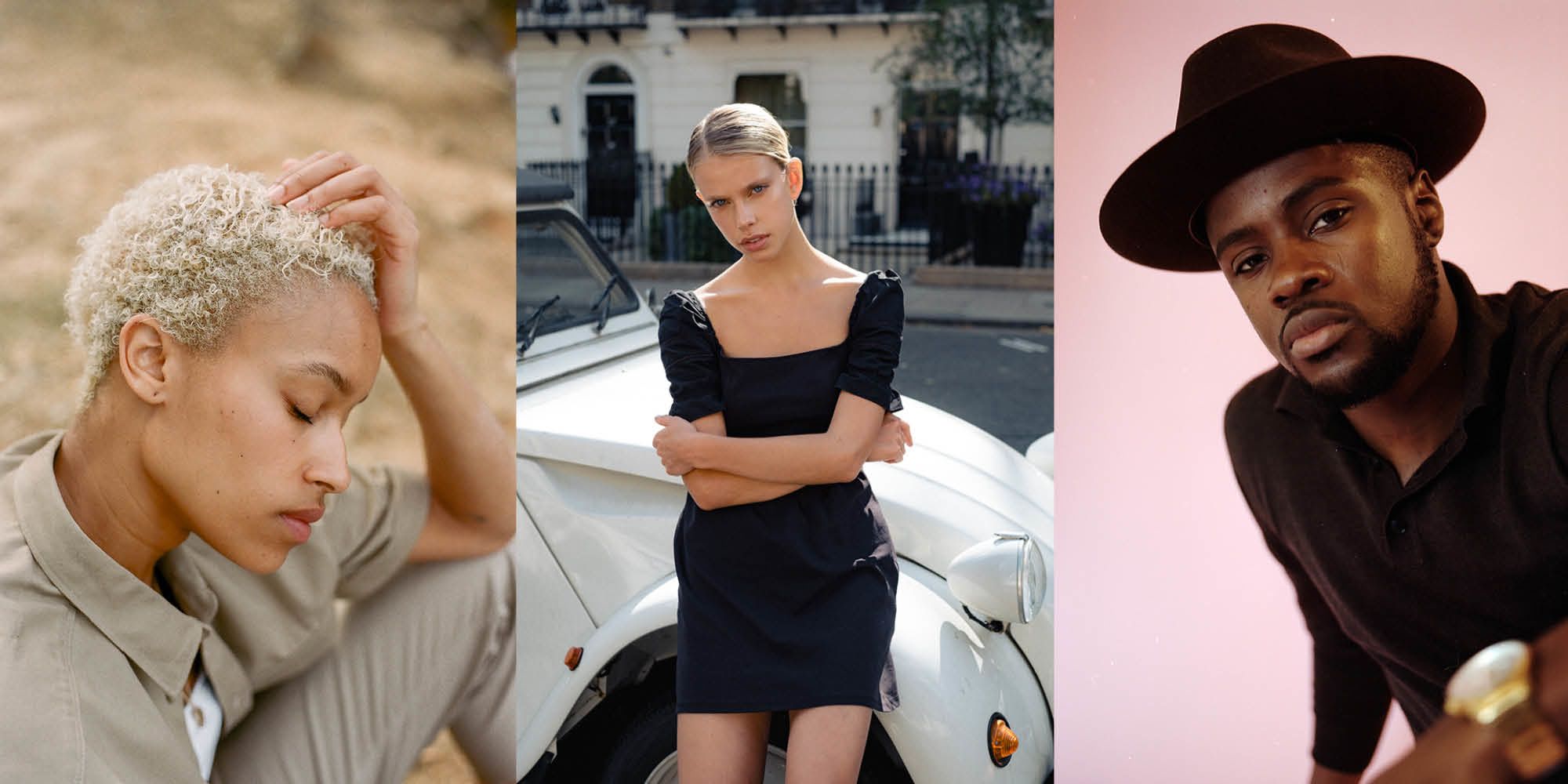 3 portrait photographs from Kid's career as a fashion photographer. The images are shot on analogue and are soft in hue and colours.
