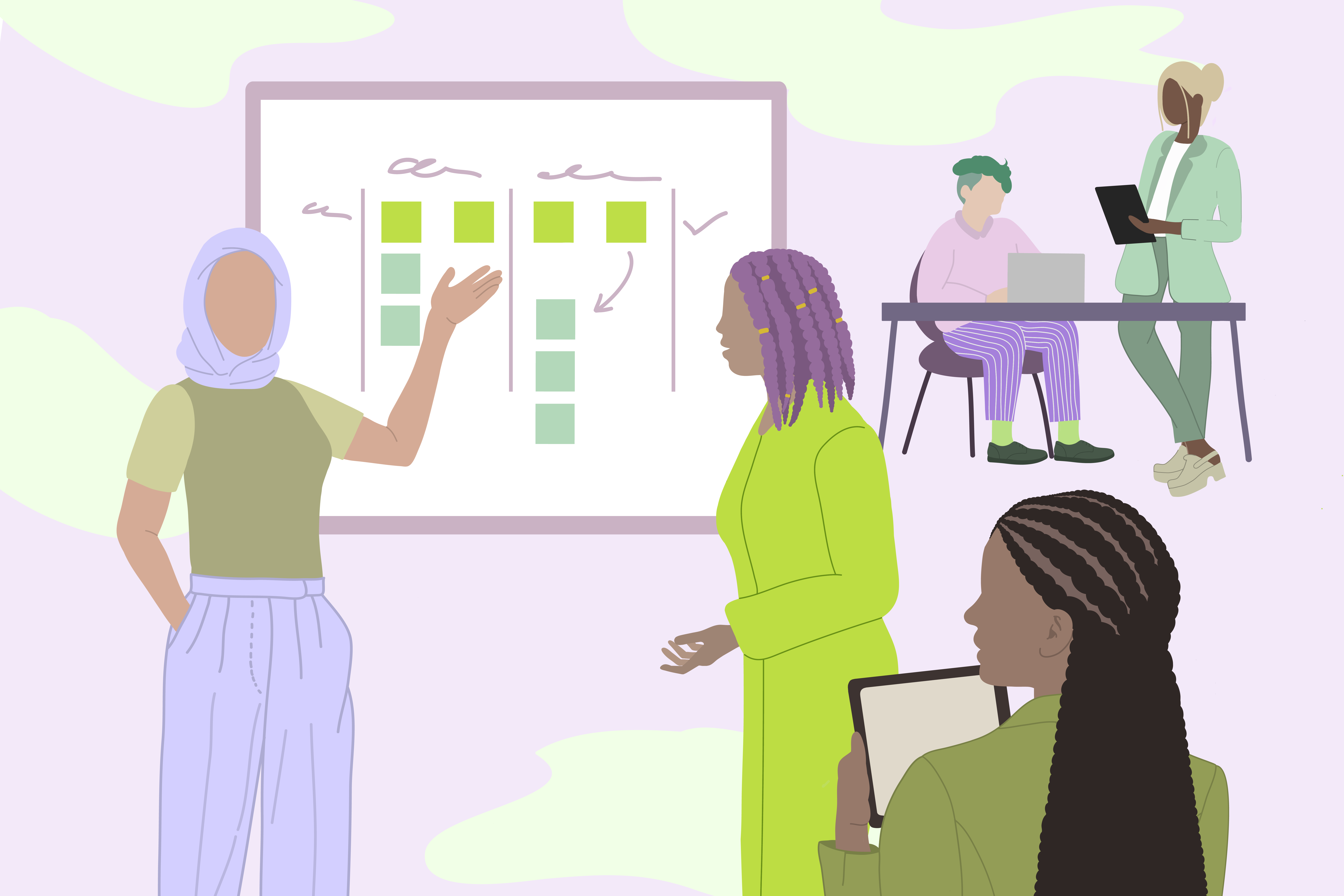 Illustration of five women and non-binary people working together using a whiteboard, working on laptops and speaking.