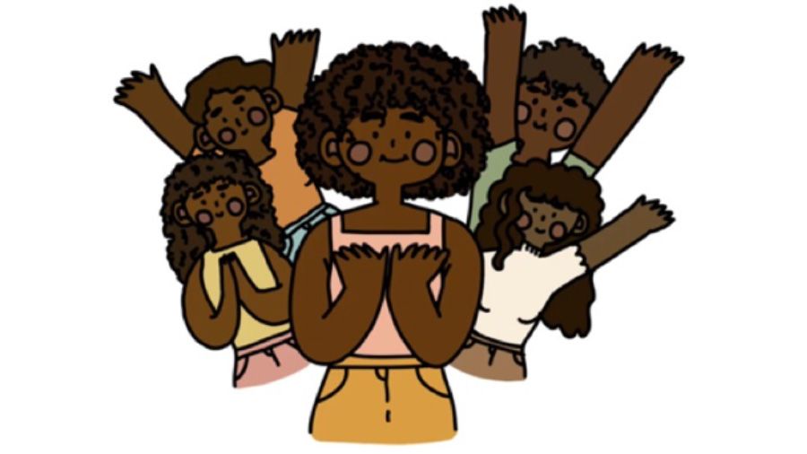 Still of cheering women from an animated film.