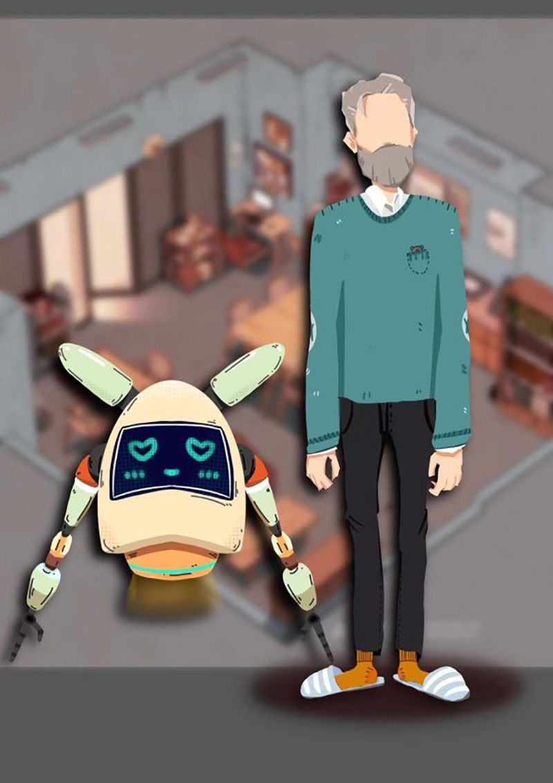 A collage-style image representing a man and his robot.