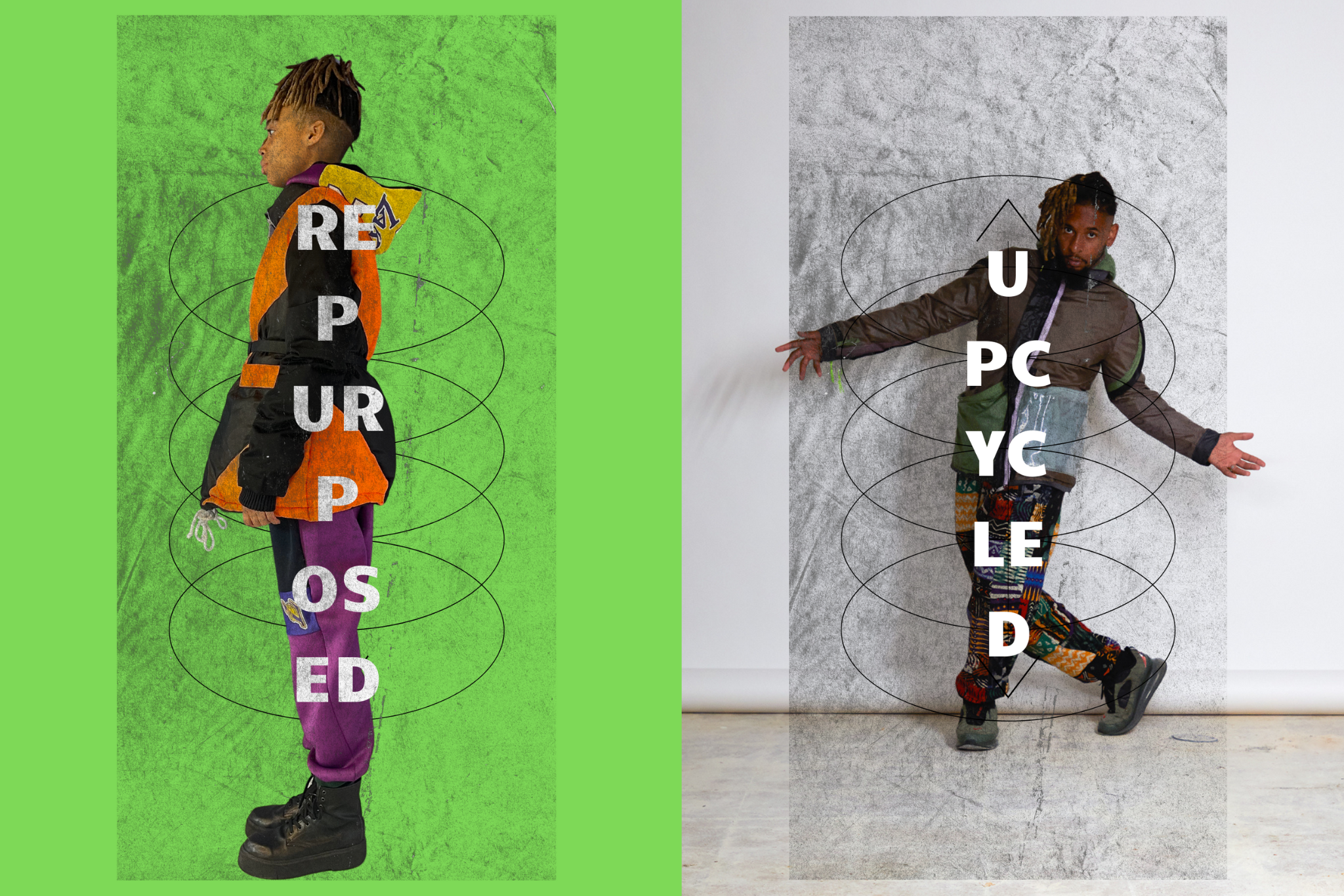 Two side-by-side full-body images of a person in colorful, patchwork-style clothing with the words 
