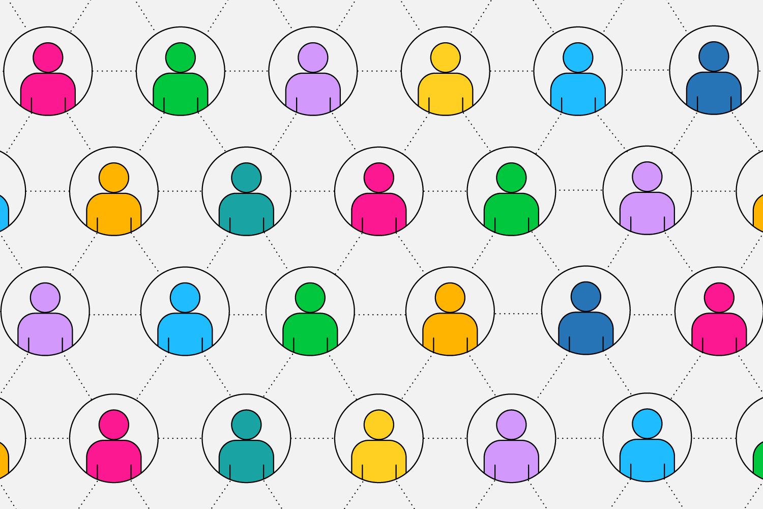 Graphic illustration with colourful shapes of people in white background