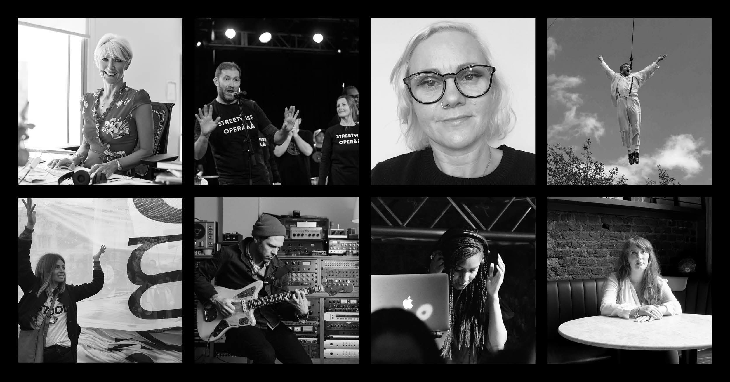 headshots of 8 podcast guests in a black and white grid style.
