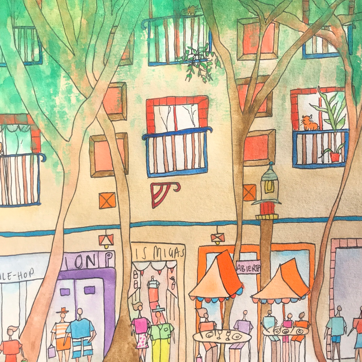 An illustration of a high street showing multiple shop windows