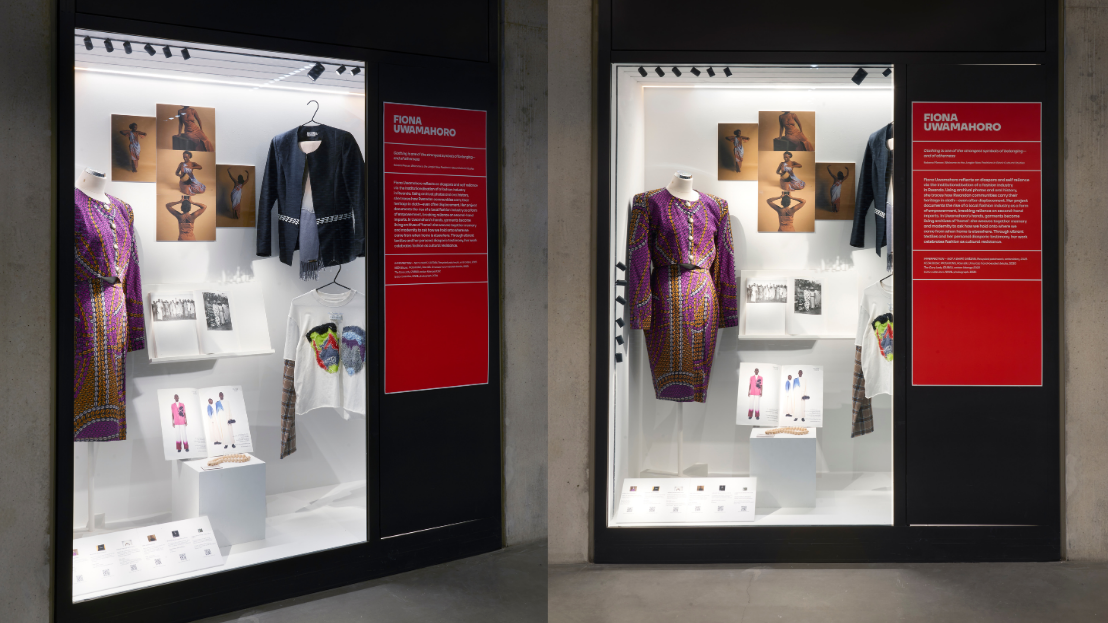 A purple dress, navy blue blazer and white t-shirt with some research files in a glass cabinet with white text on the wall to the right of it. 