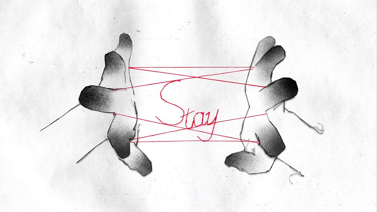 Illustrated film still of two hands playing cat's cradle.