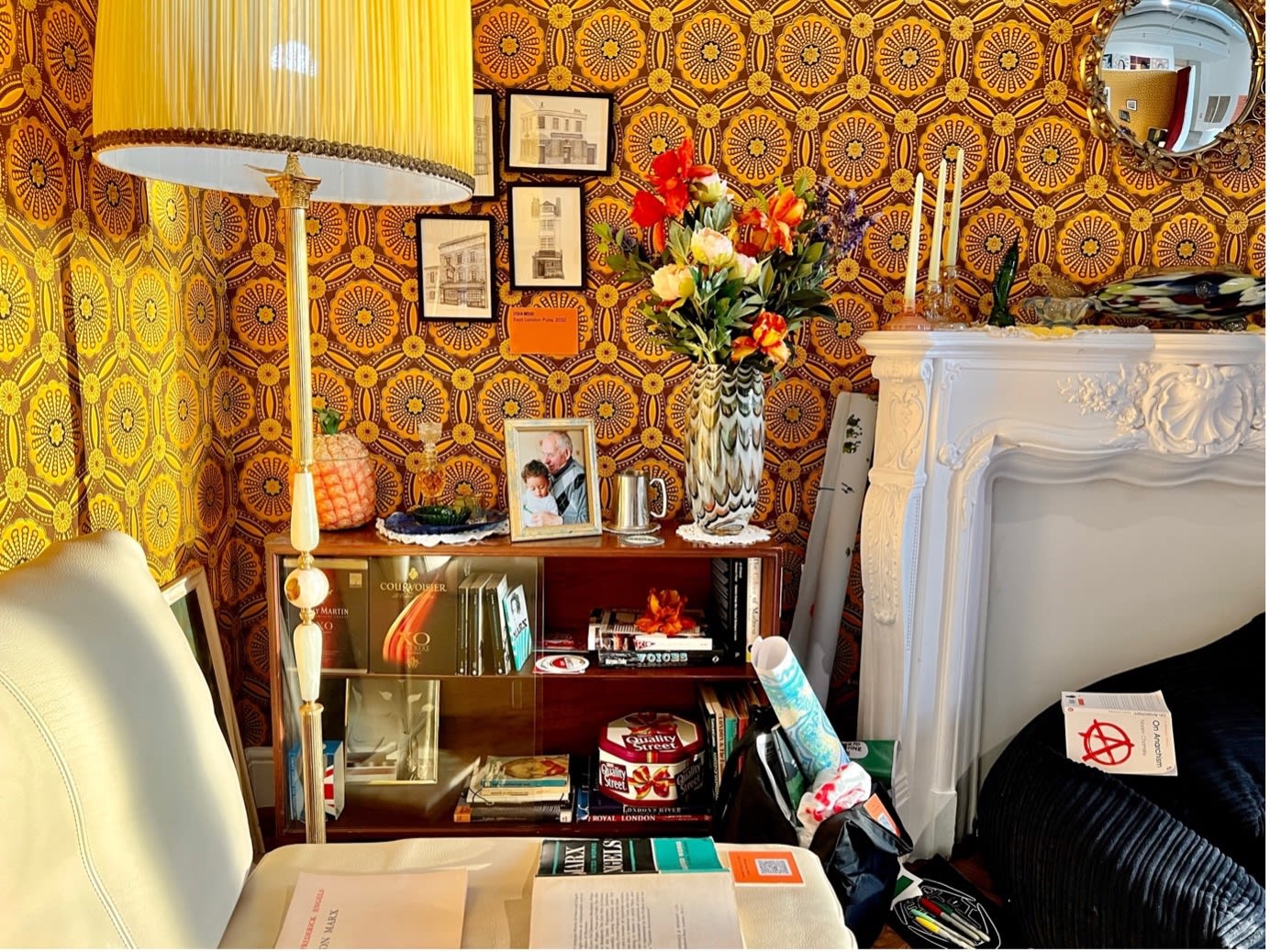 Living room space with record player and books
