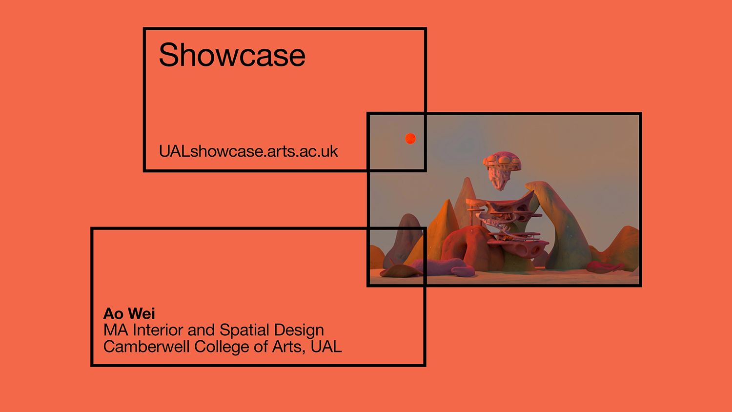 UAL Showcase digital banner with orange background, featuring work by Ao Wei, 2023 MA Interior and Spatial Design, Camberwell College of Arts, UAL