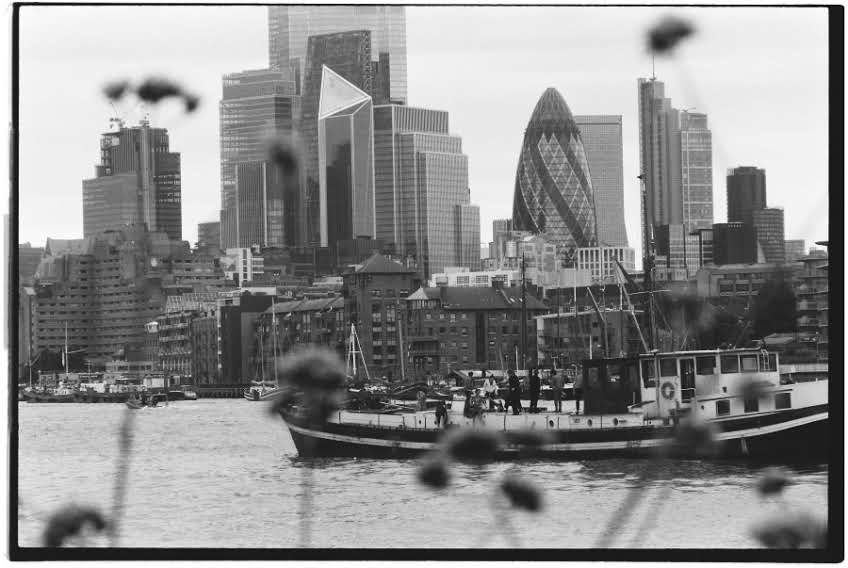 a black and white London river scene
