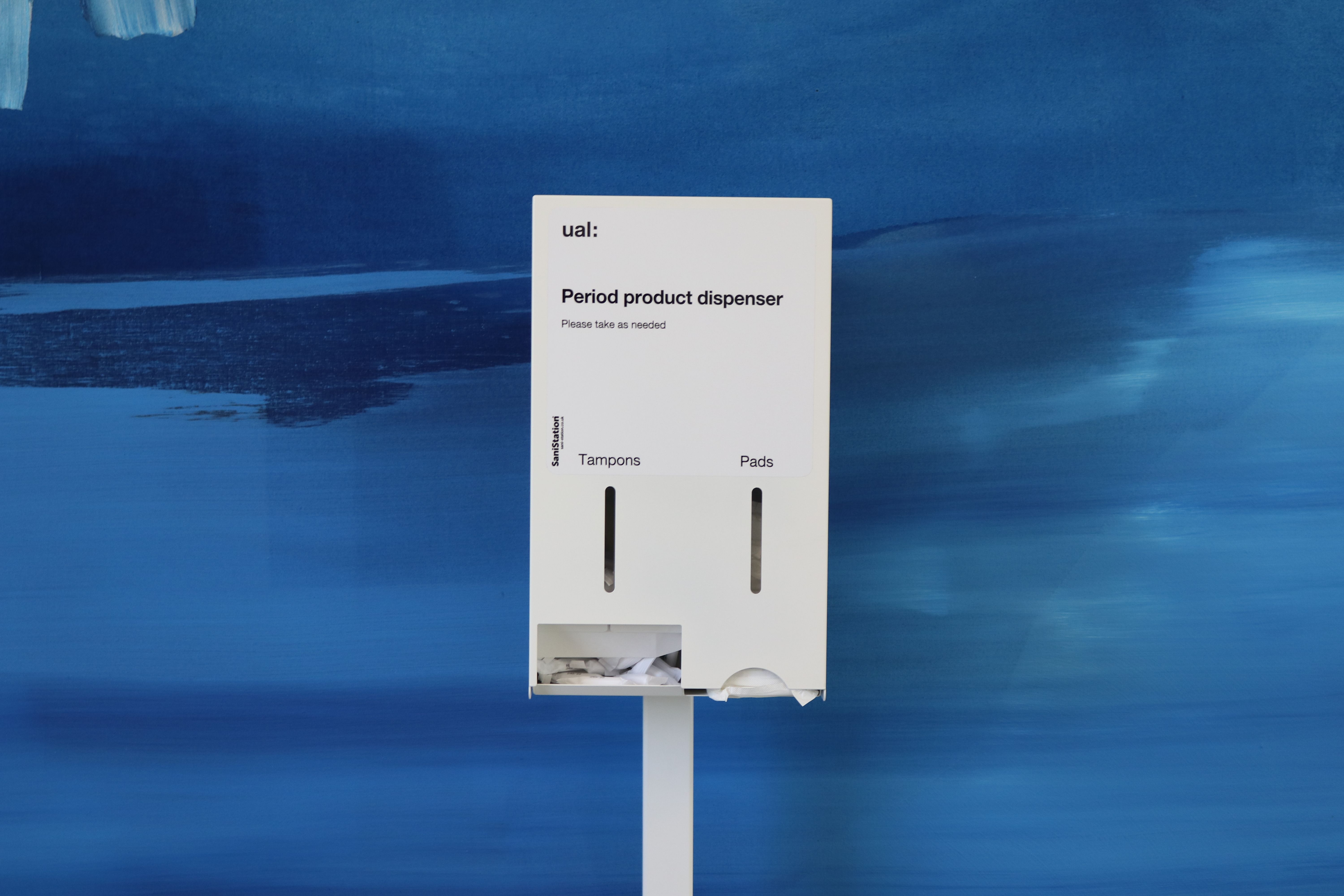 A white dispenser is labelled 'Period product dispenser'. You can see 2 slots, one for tampons and one for sanitary pads.