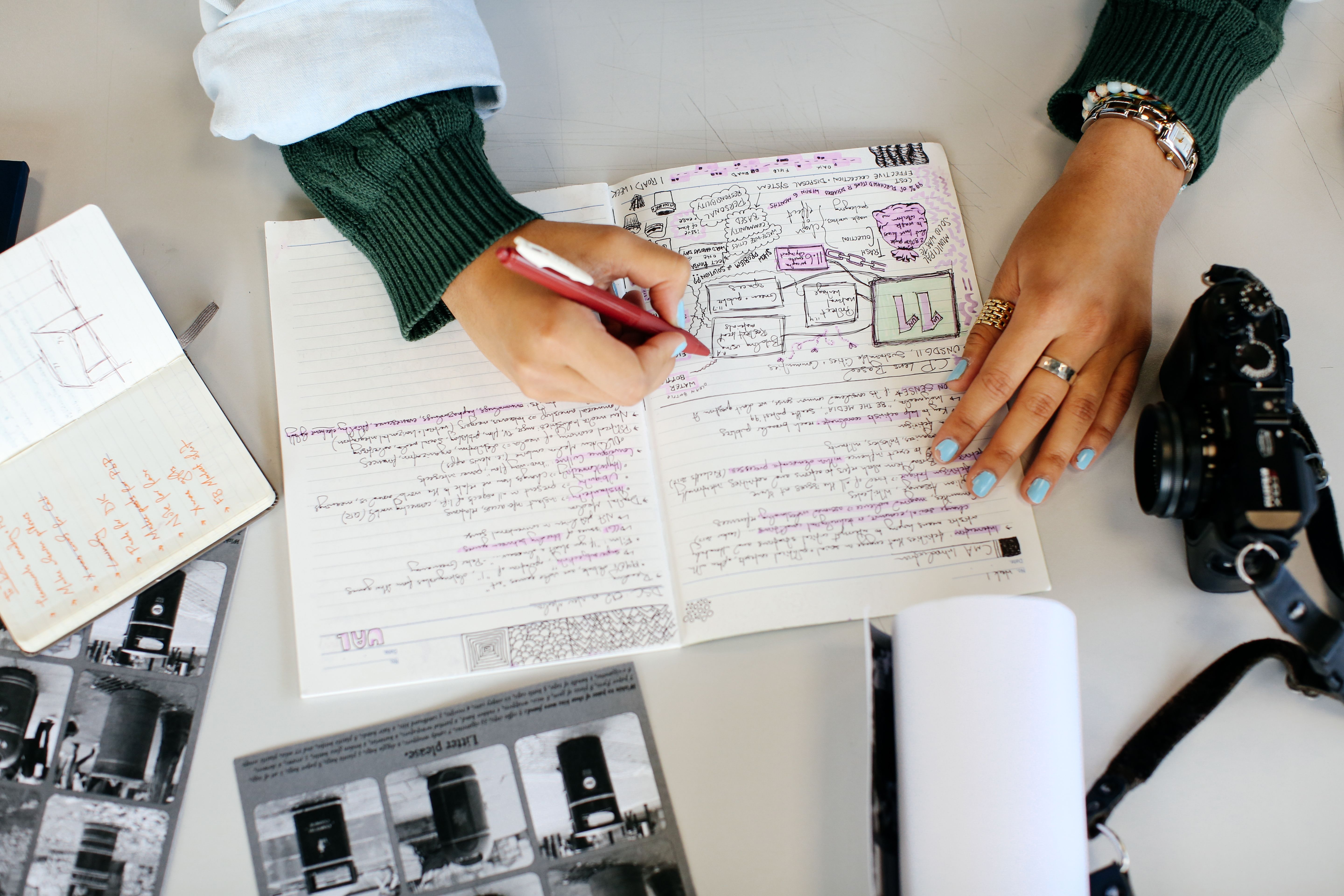 An arial view of a person writing into a notebook, surrounding by papers and a camera.
