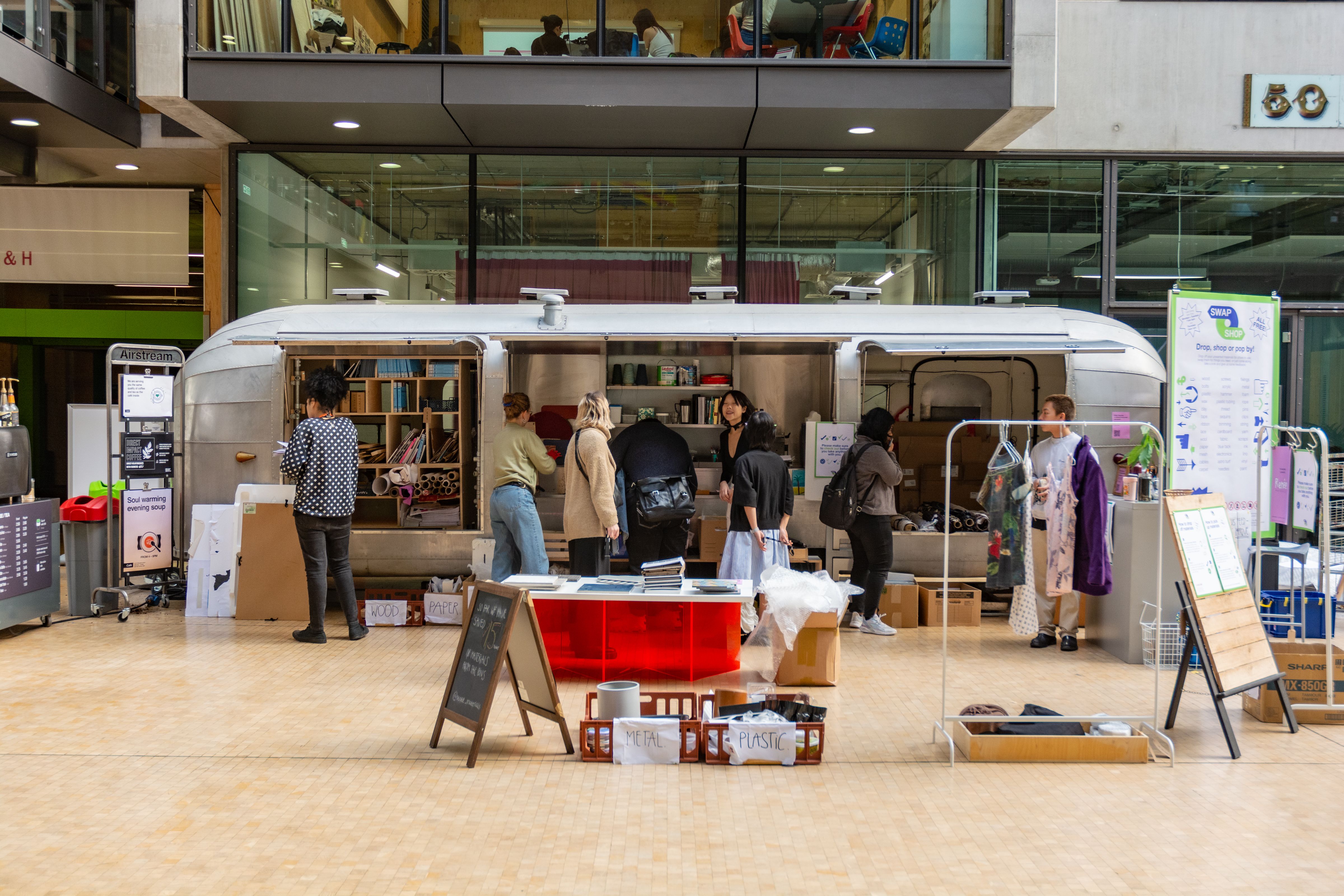 an air stream with students milling around