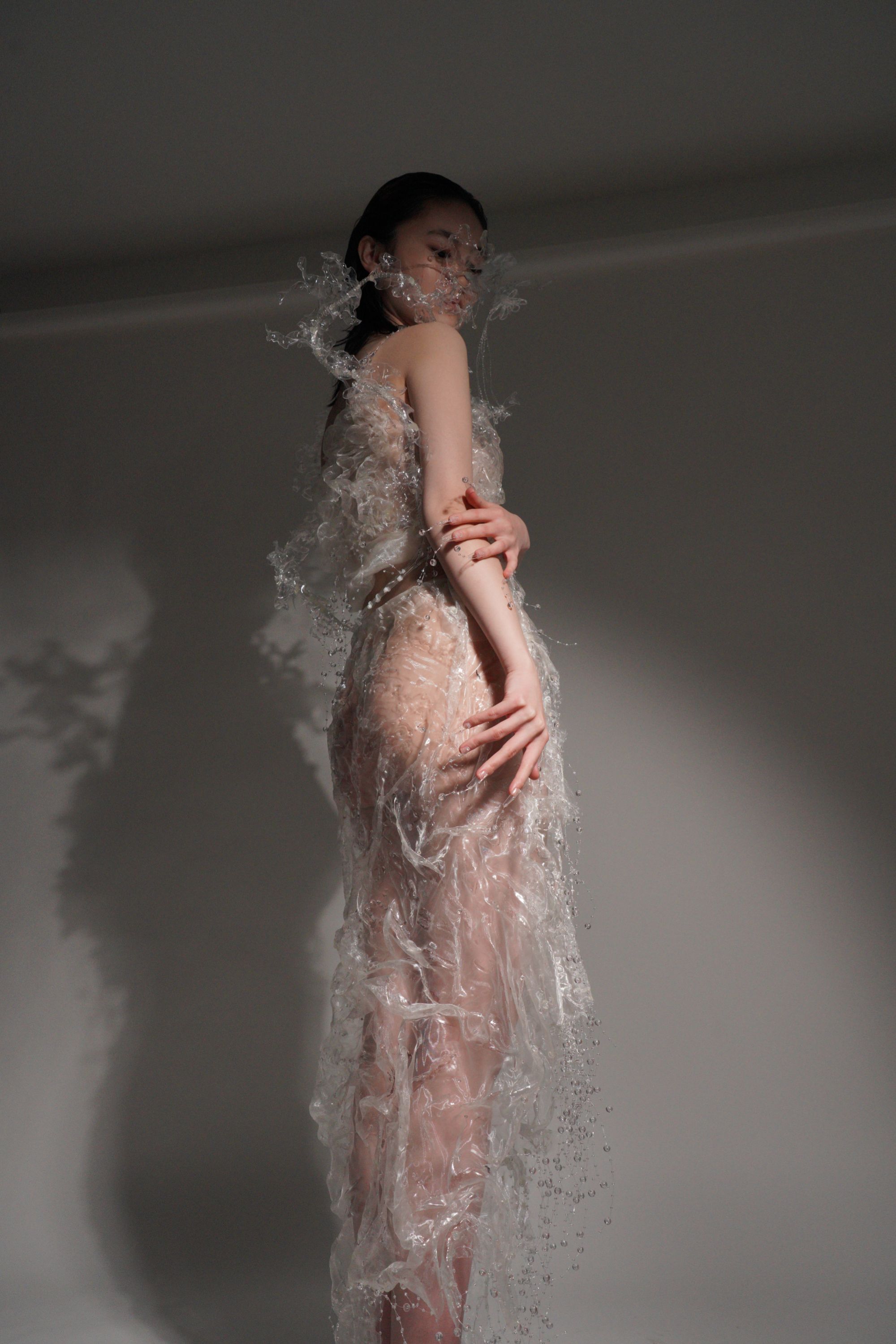 model in translucent intricate garment