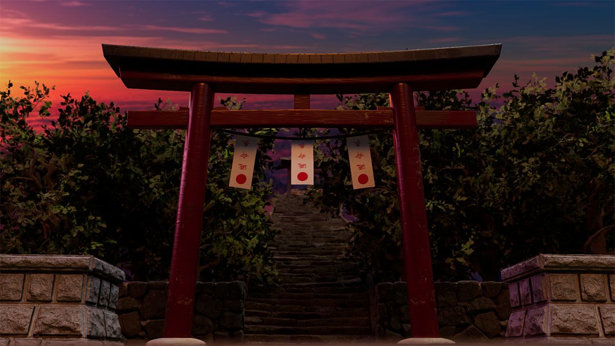 Still of a Japanese gate graphic.
