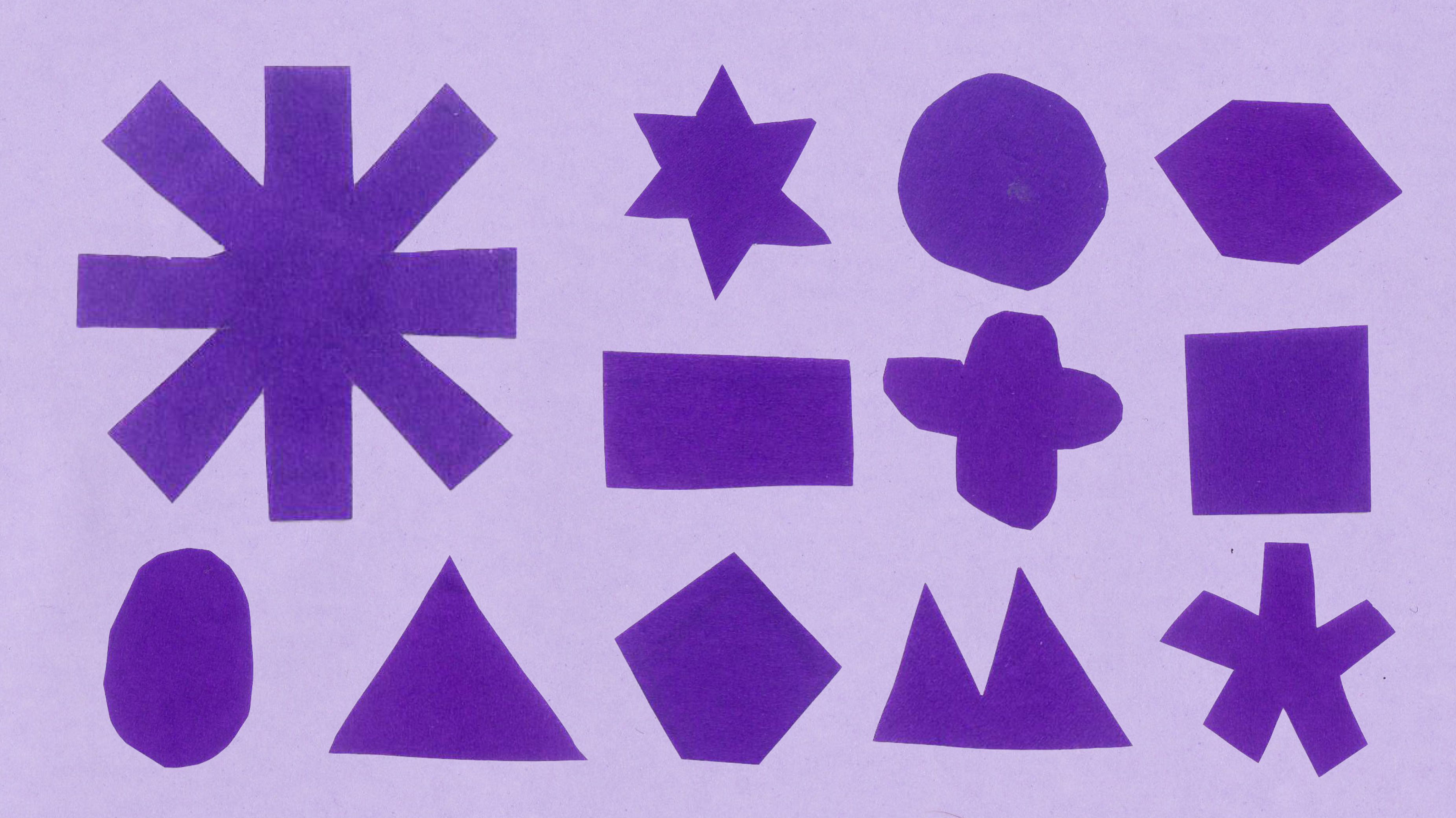 A light purple background, overlayed with dark purple shapes. They have a hand drawn look to them, with slightly irregular sides.