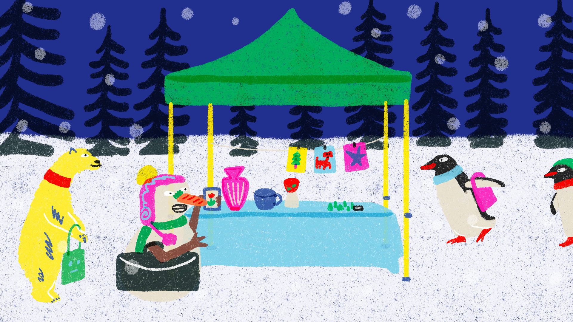 an illustration of a christmas market scene with penguins, snowmen, and bears shopping