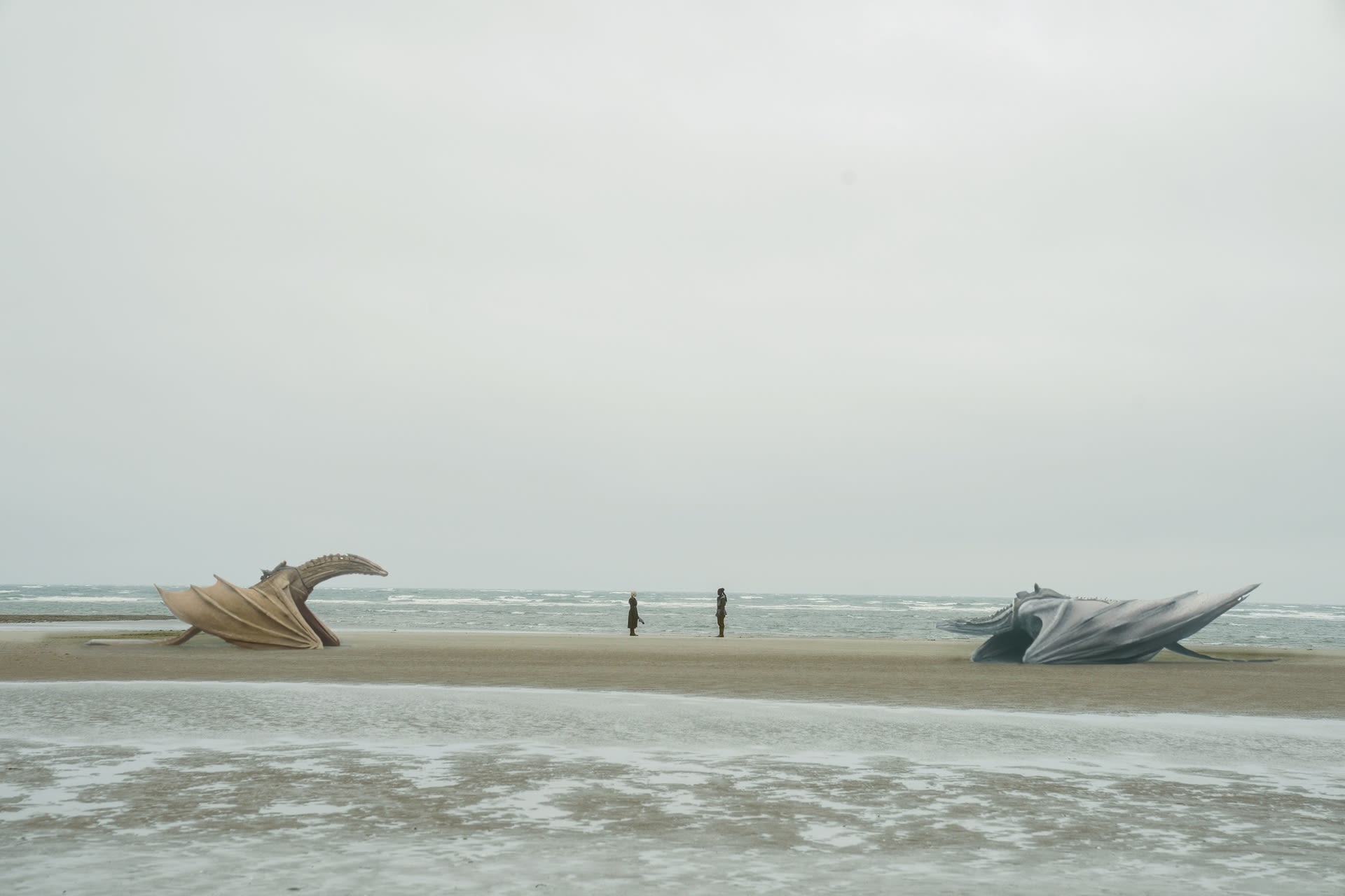 Image shows a wide pan shot of 2 dragons on either side of a beach looking at each other – one yellow and one blue. There are 2 people in the middle of the shot also facing each other. 