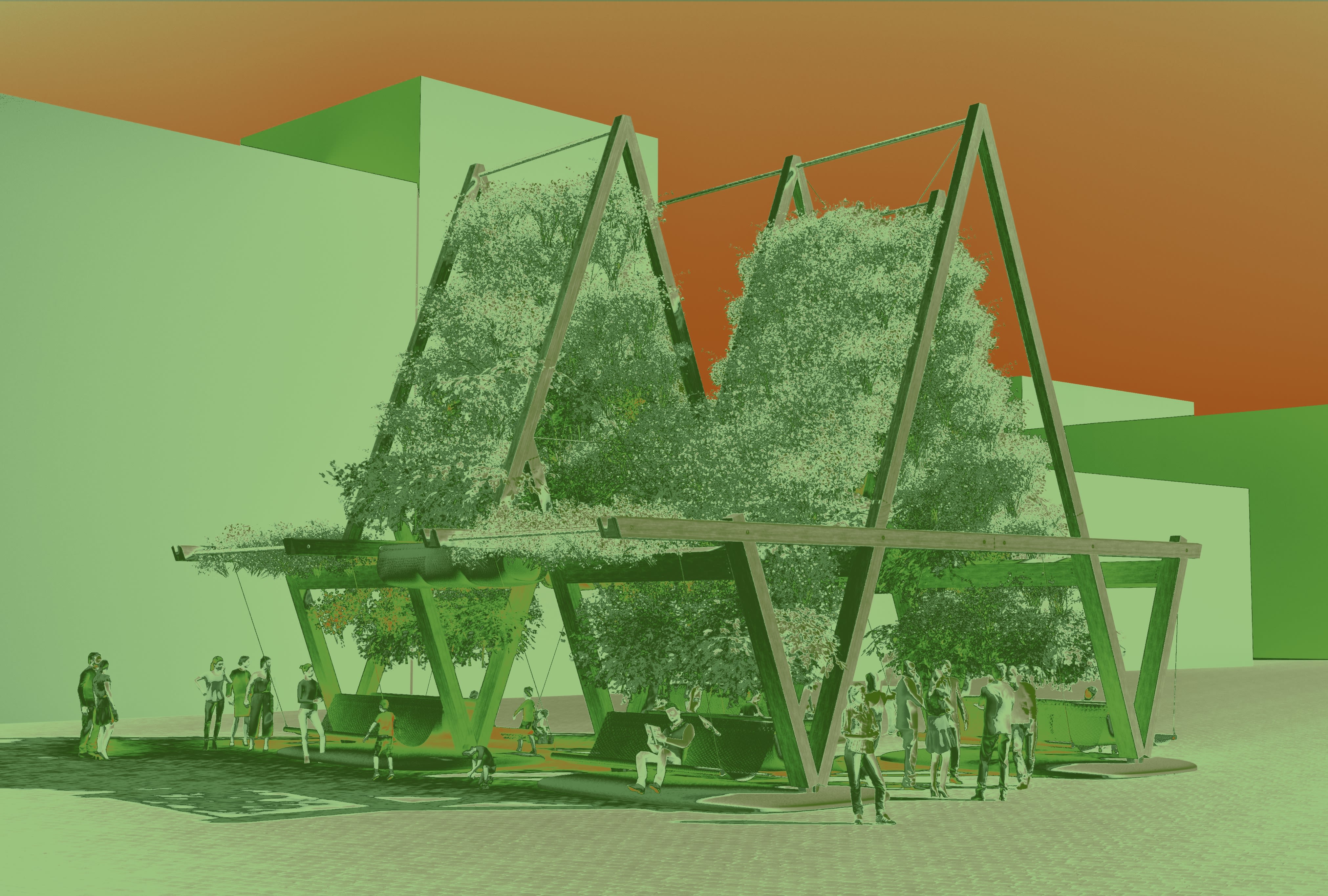 A computer rendered image of a wooden installation surrounding trees in green and orange.