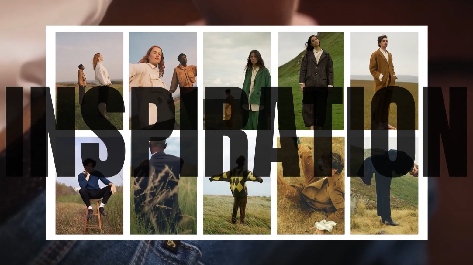 Digital collage of fashion editorial pictures with models posing in a field and the word inspiration written across it.