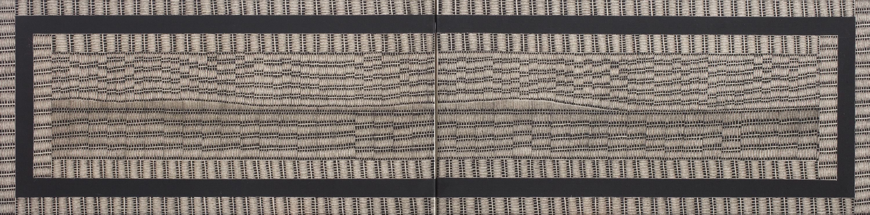 A solid border frames an intricate black and white pattern of lines. 