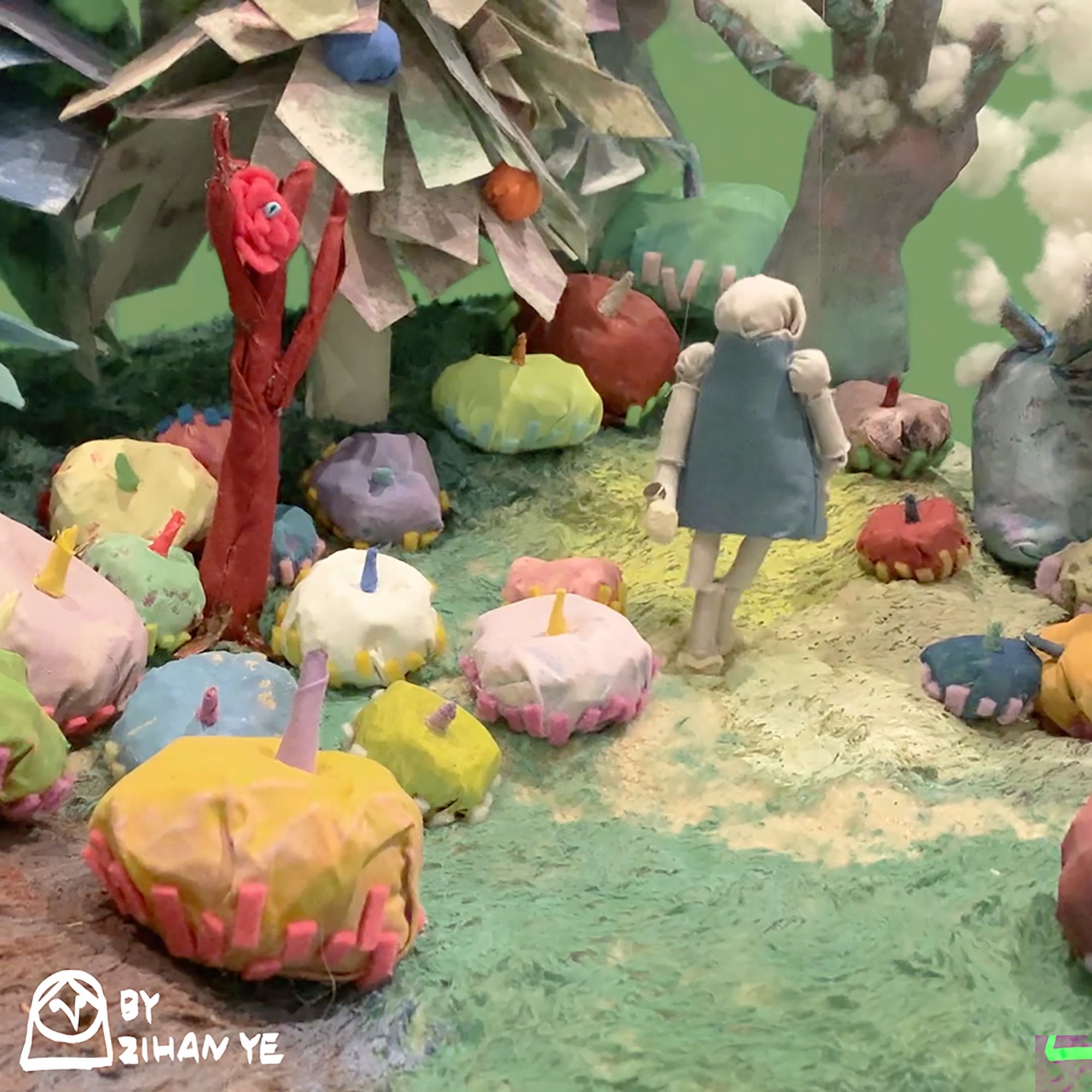 3D illustration of character figure (grandma) walking through dreamy colourful garden