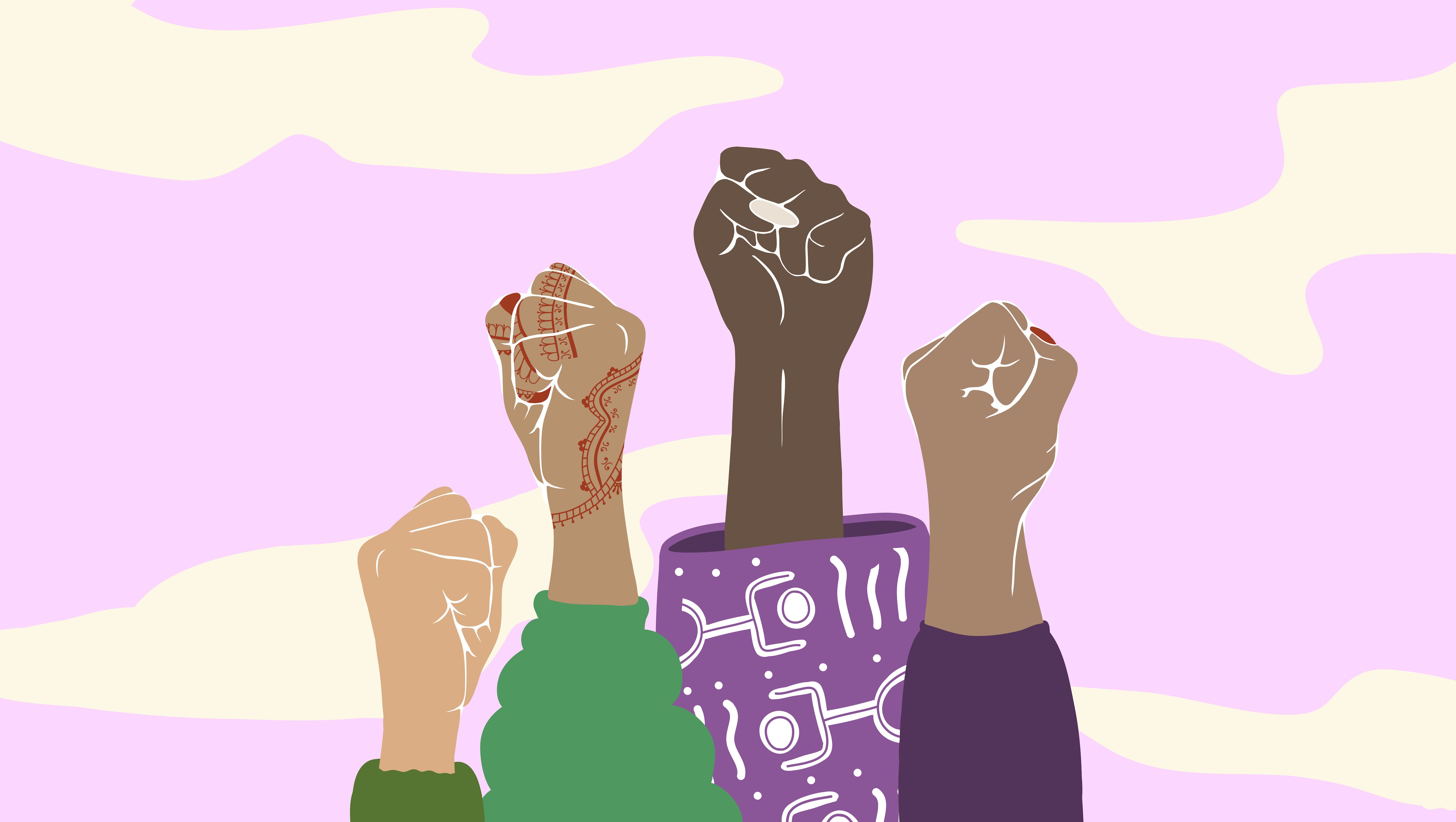 An illustration of four hands in fists pointing to the sky against a purple background. They are different ethnicities and one has henna on the hand.