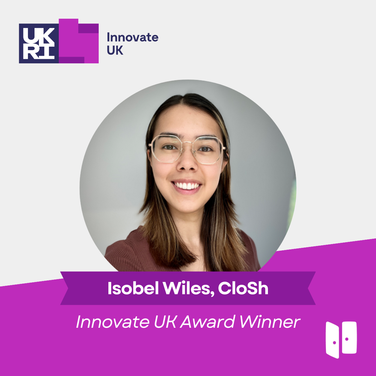 Purple promotion image of Isobel Wiles, with text below saying she is an Innovate UK winner