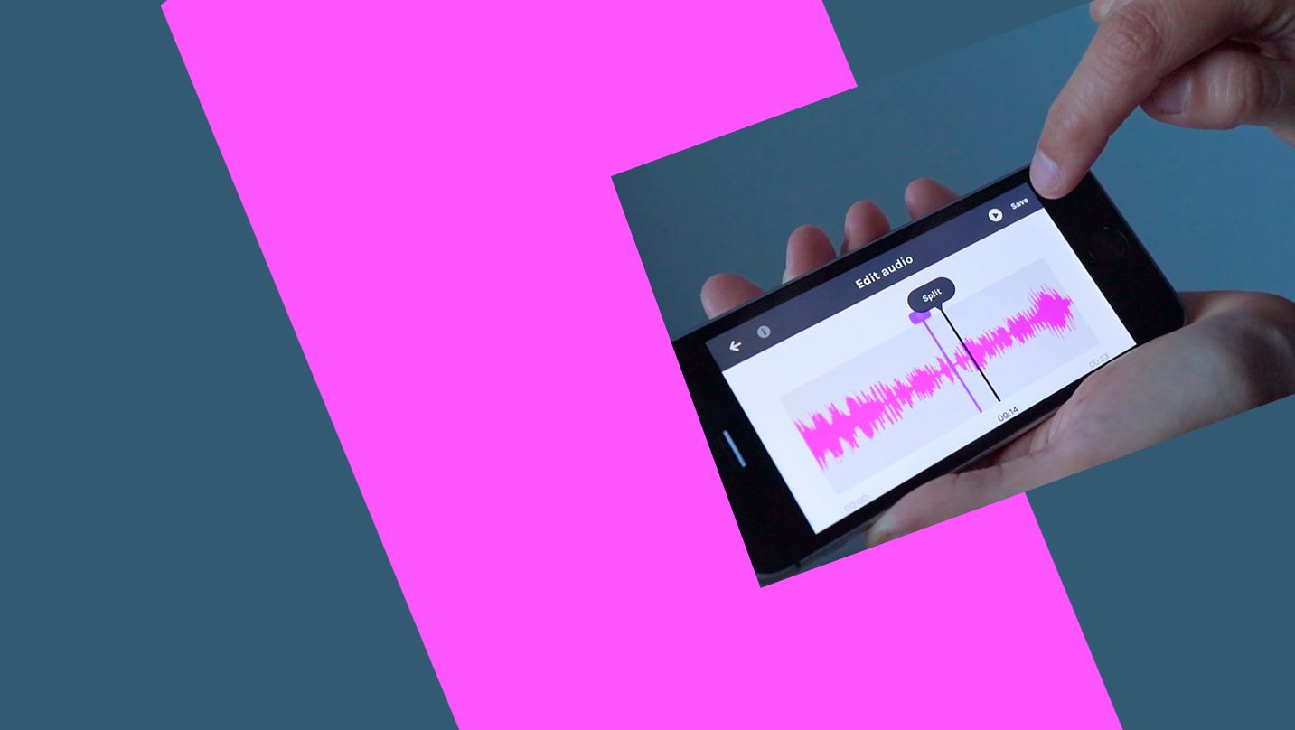 Screenshot of fingers indicating how use podcast app on phone, set on graphic backdrop of navy with pink diagonal stripe