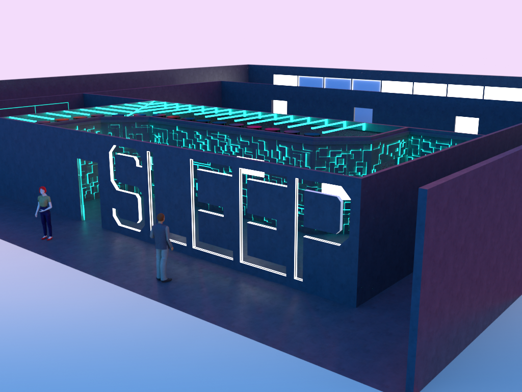 Digital design of space, blue and purple lights and colours. The text, ‘SLEEP’ is cut out of the wall.