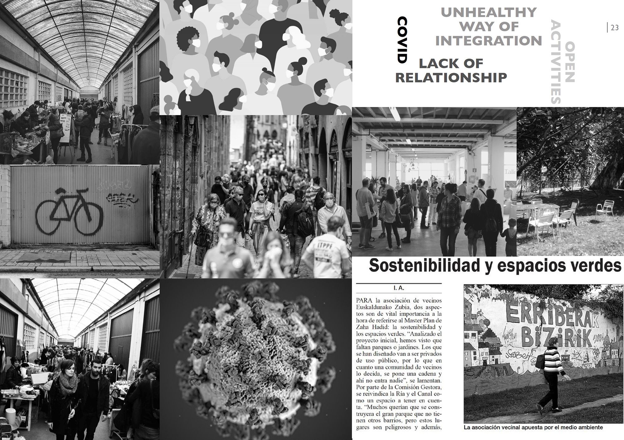 Image is of a black and white collage with newspaper snipping's written in Spanish, the headline translated is ‘Sustainability in green spaces’ Images in the collage are of people in large groups visiting places within the city, some people are wearing masks, there is also an image of the Covid-19 virus.