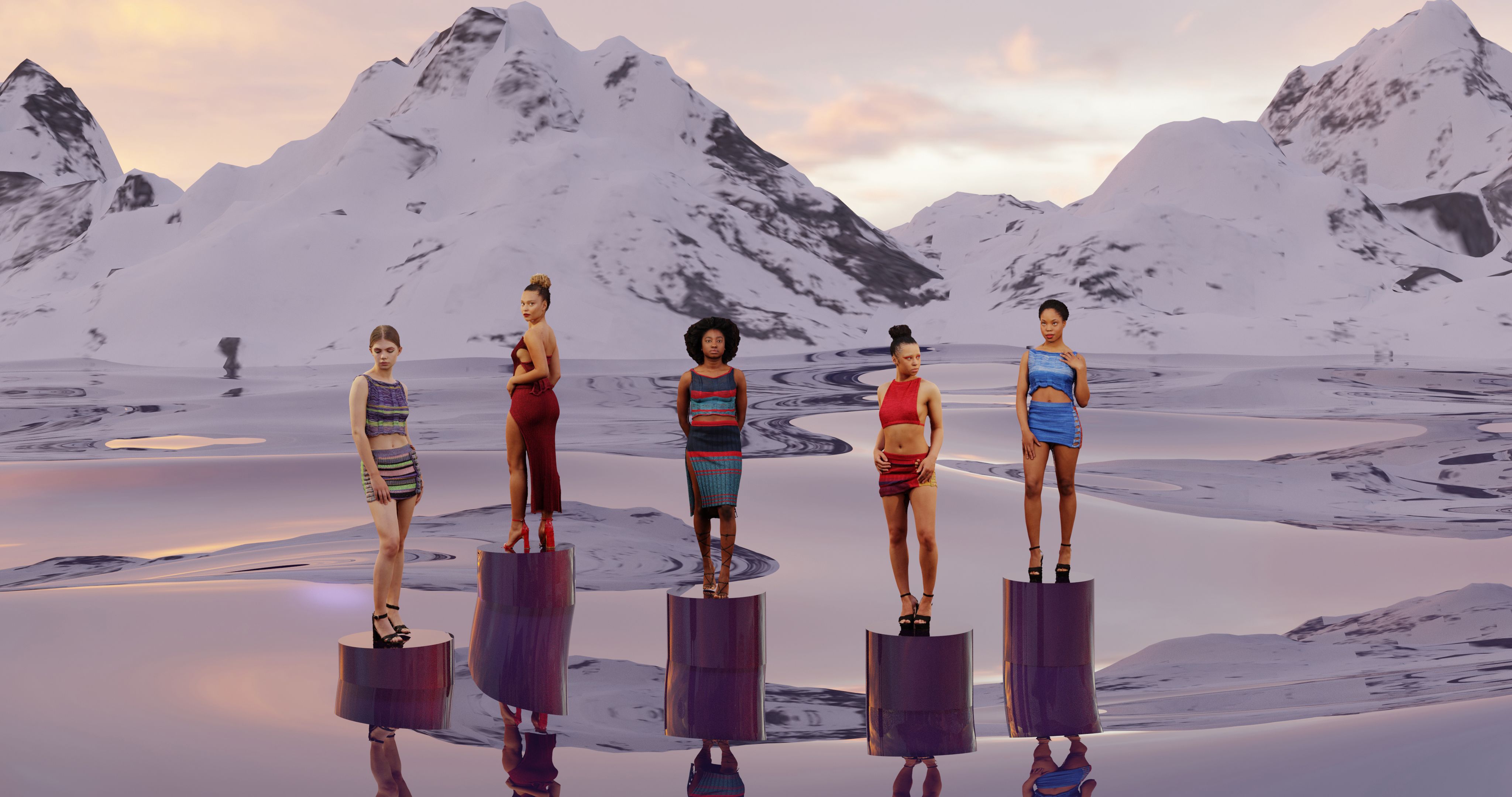 5 models rendered in 3D on circular platforms, backdropped by snowy mountains and a sunset 