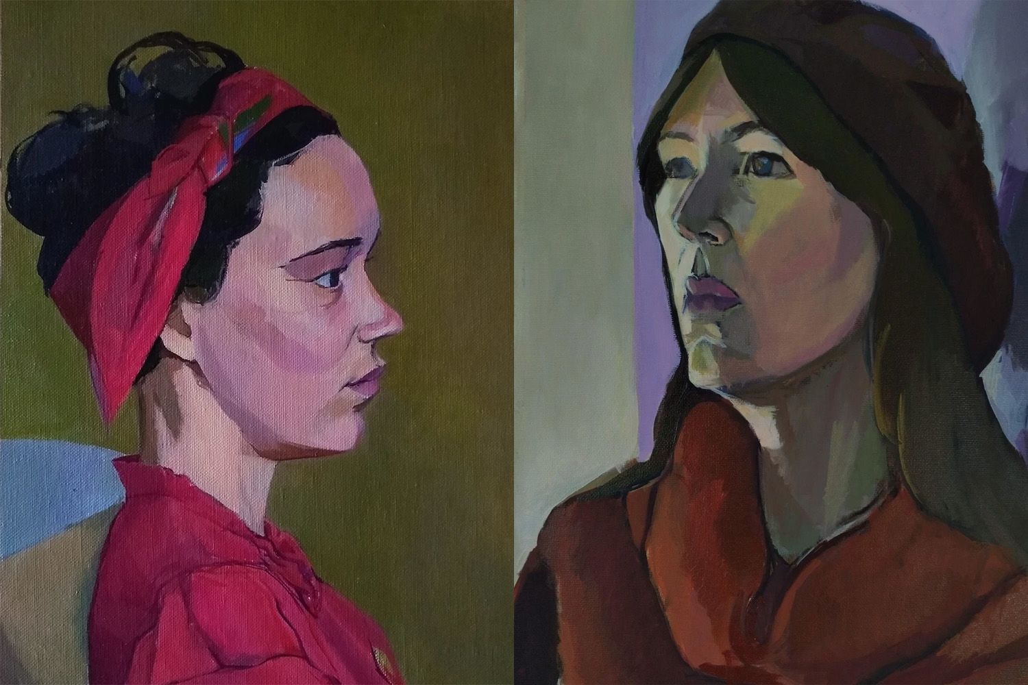 Photo of two portrait paintings by Atul Vohora showing a female subject wearing brightly coloured clothing