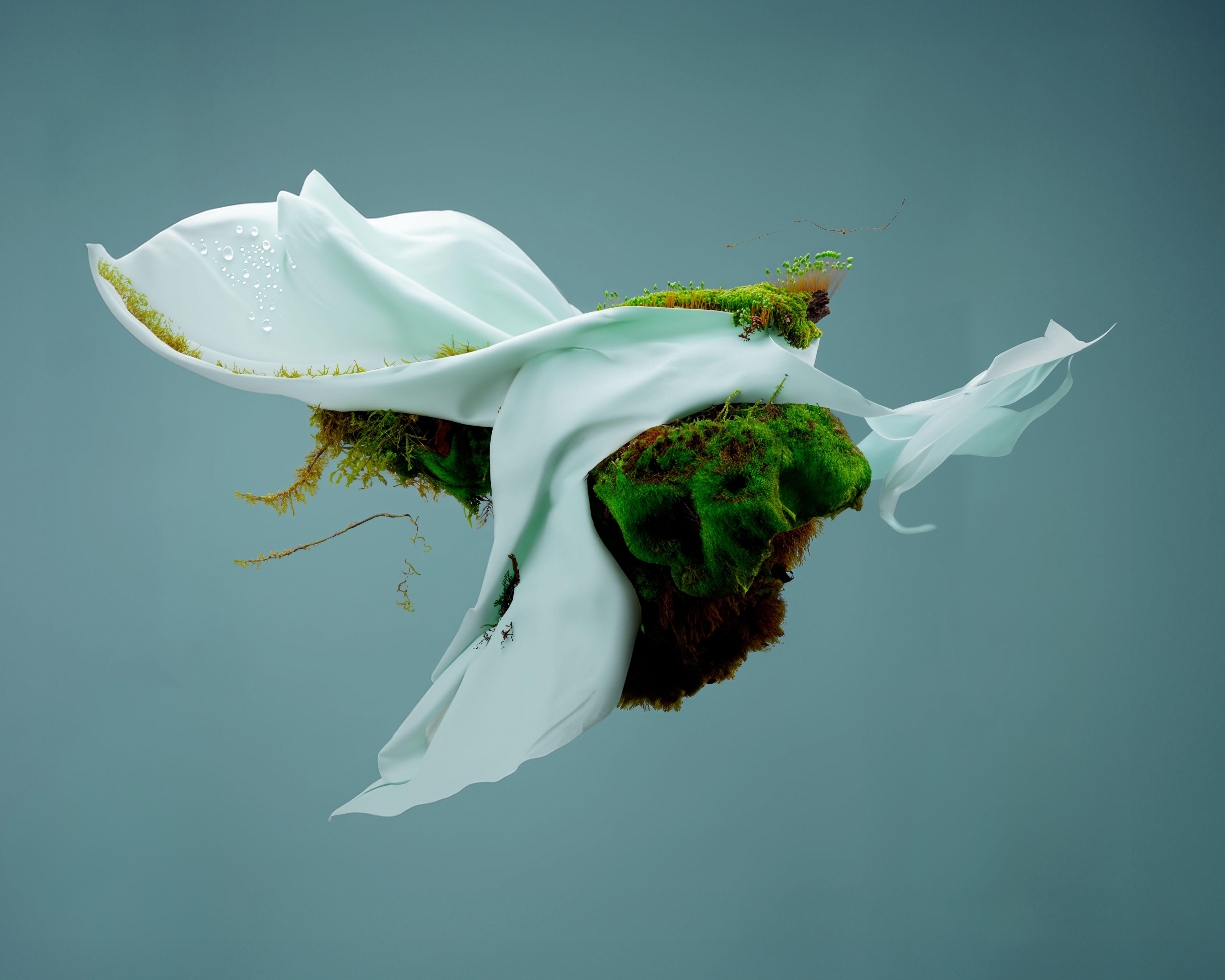 A floating bit of earth and moss draped in fabric