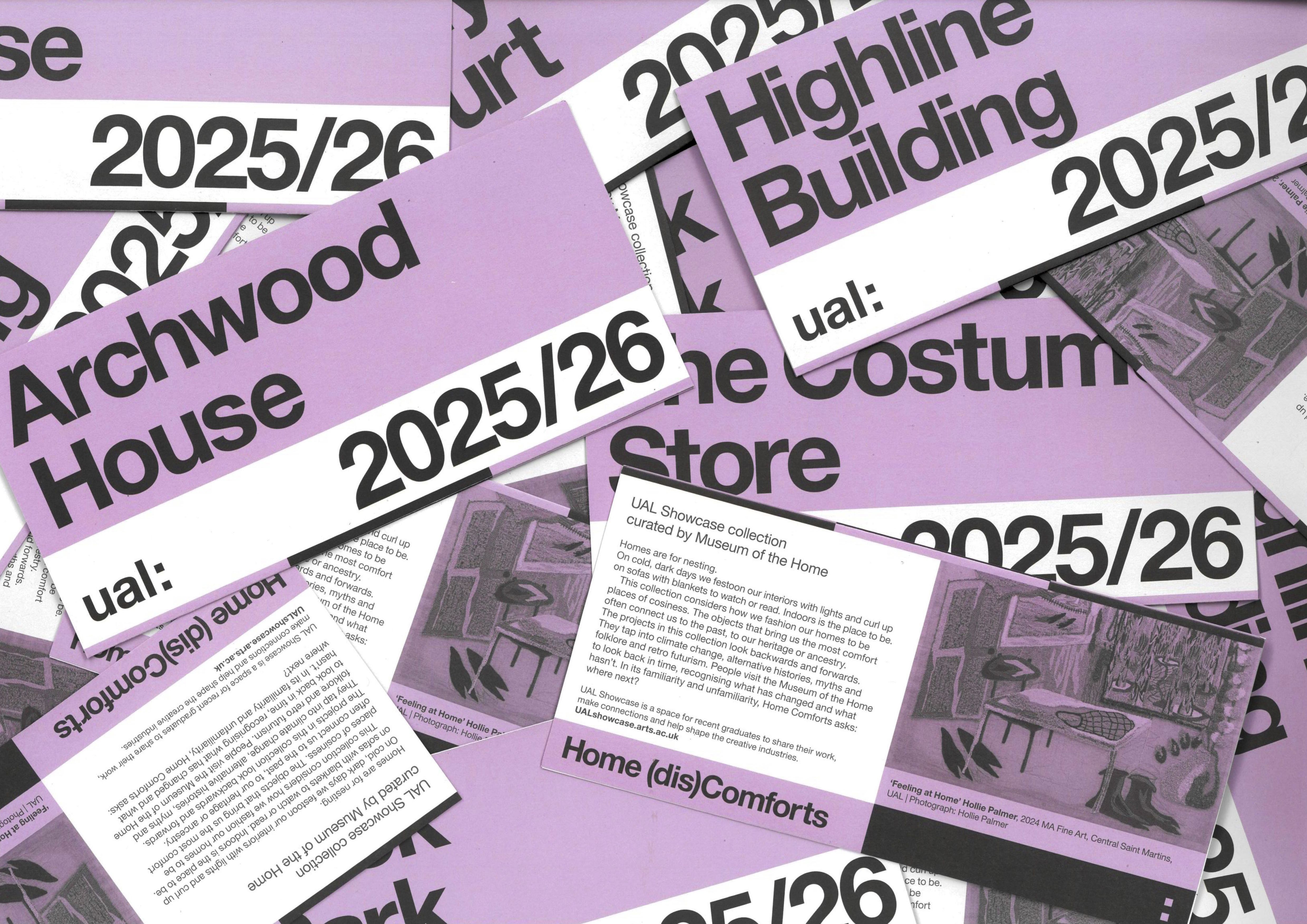 An image of the UAL Halls flyers scattered in various orientations across the frame, creating a layered, patterned effect. Each flyer has a purple and black color scheme and features an artwork depicting an interior domestic scene. The headline on the flyers reads the Halls' names, such as Archwood House and Highline Building with the UAL logo and year 2025/26.