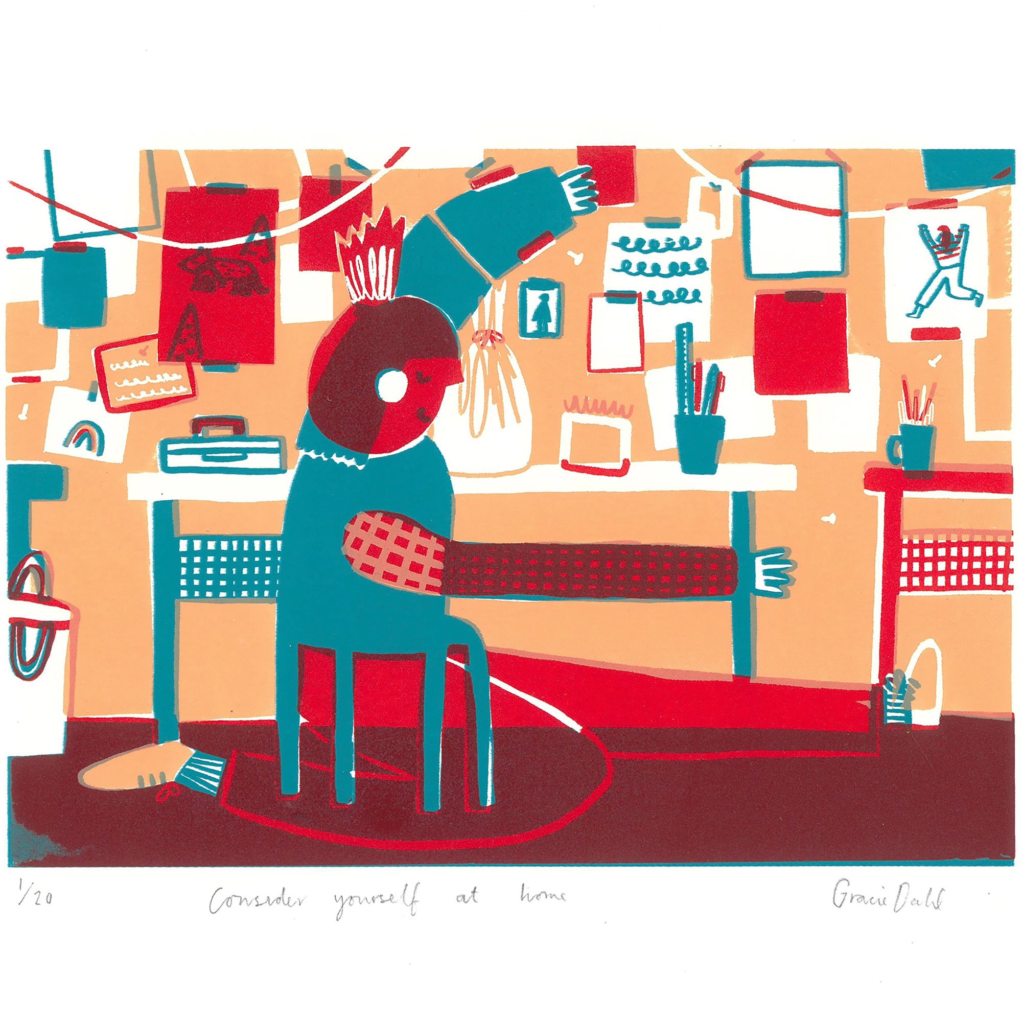 A coloured screen print of Gracie sat at her desk in her studio