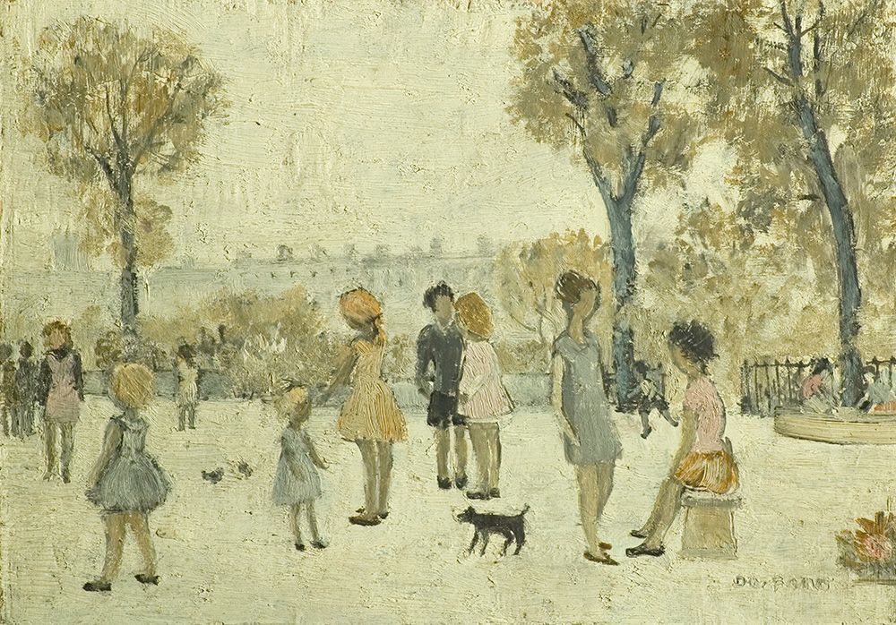 Painting of people in park in pale colours