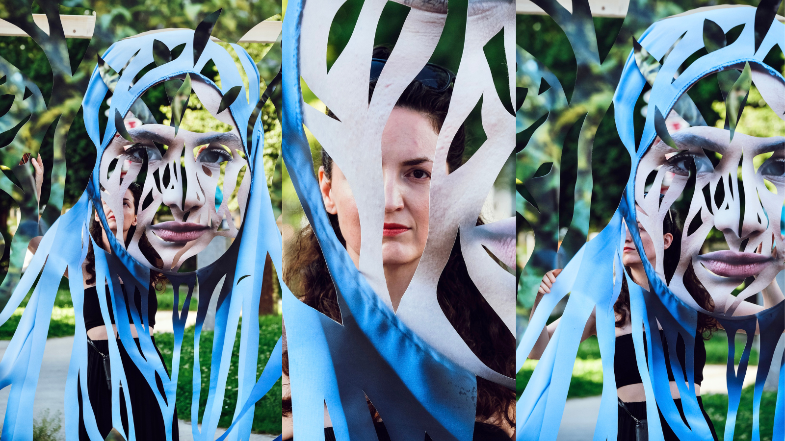 Layered photos of a woman, edited with cutouts. 