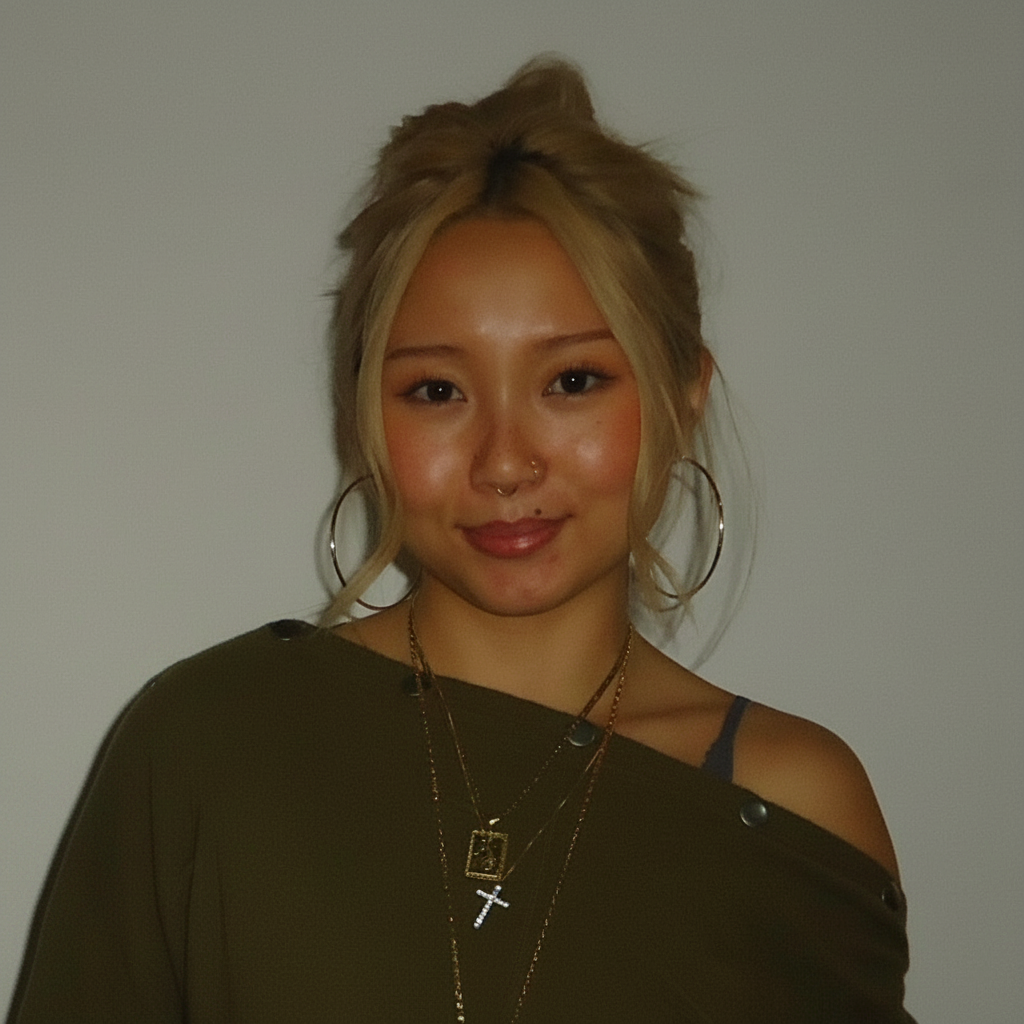 Portrait of a smiling woman with a messy bun, hoop earrings, layered necklaces, and an off-shoulder olive top against a plain wall.