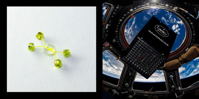 One the left, a photo of 4 beads on a string, on the right a photo of the inside of a spacecraft looking at the earth