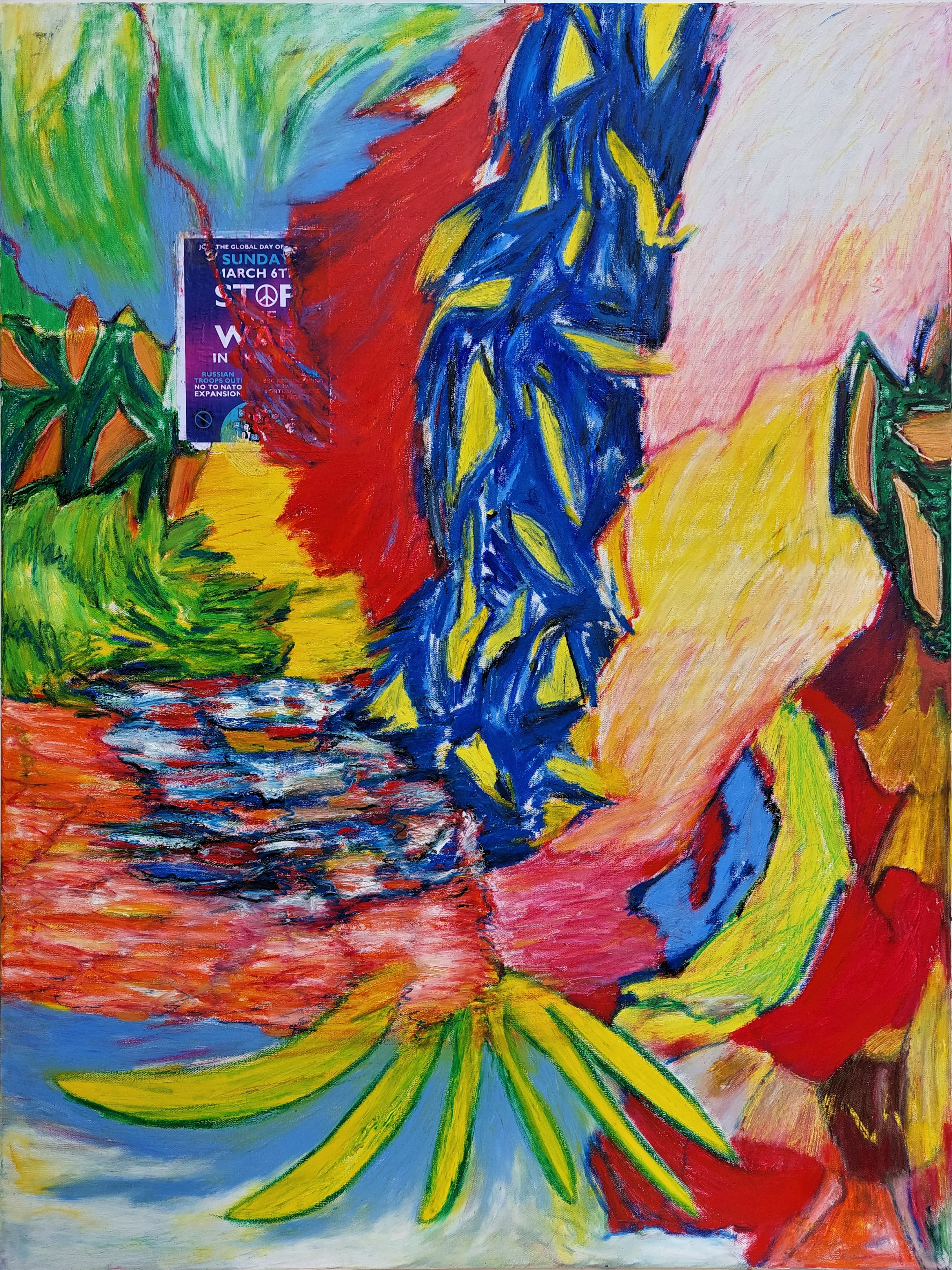 Colourful, abstract painting with a poster saying 'stop the war' glued onto it in the top left corner.