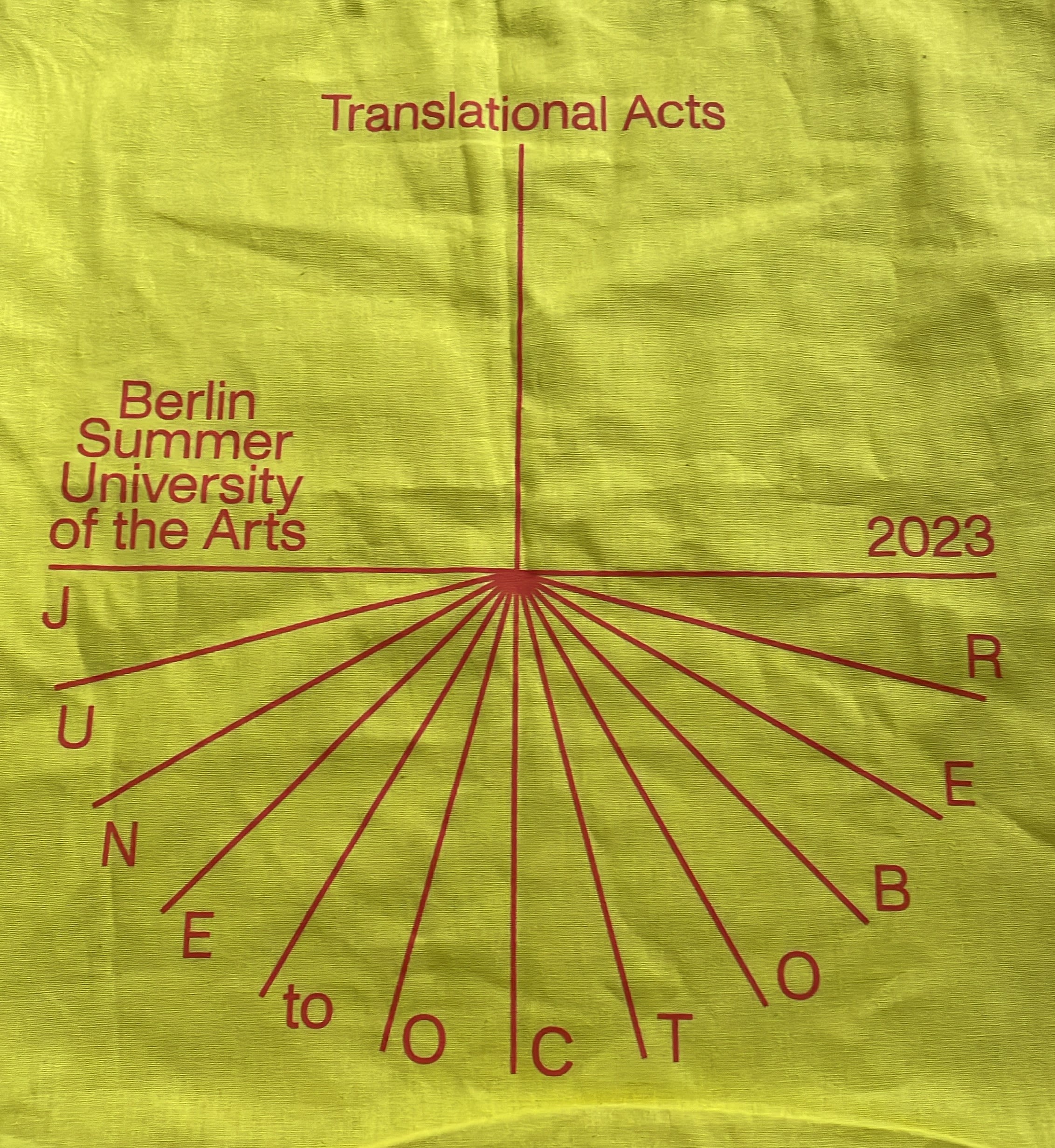 A yellow tote bag with the writing translational acts, June to October 